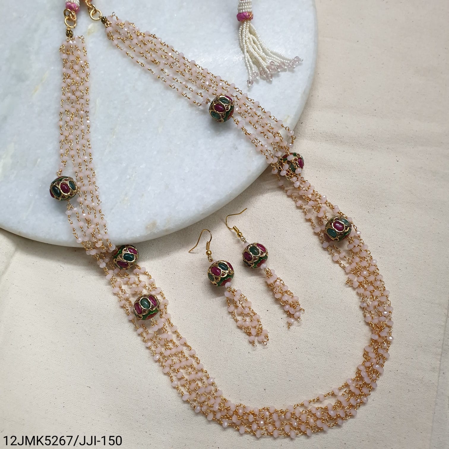 Baby Pink Jadau Bead Necklace With Earrings