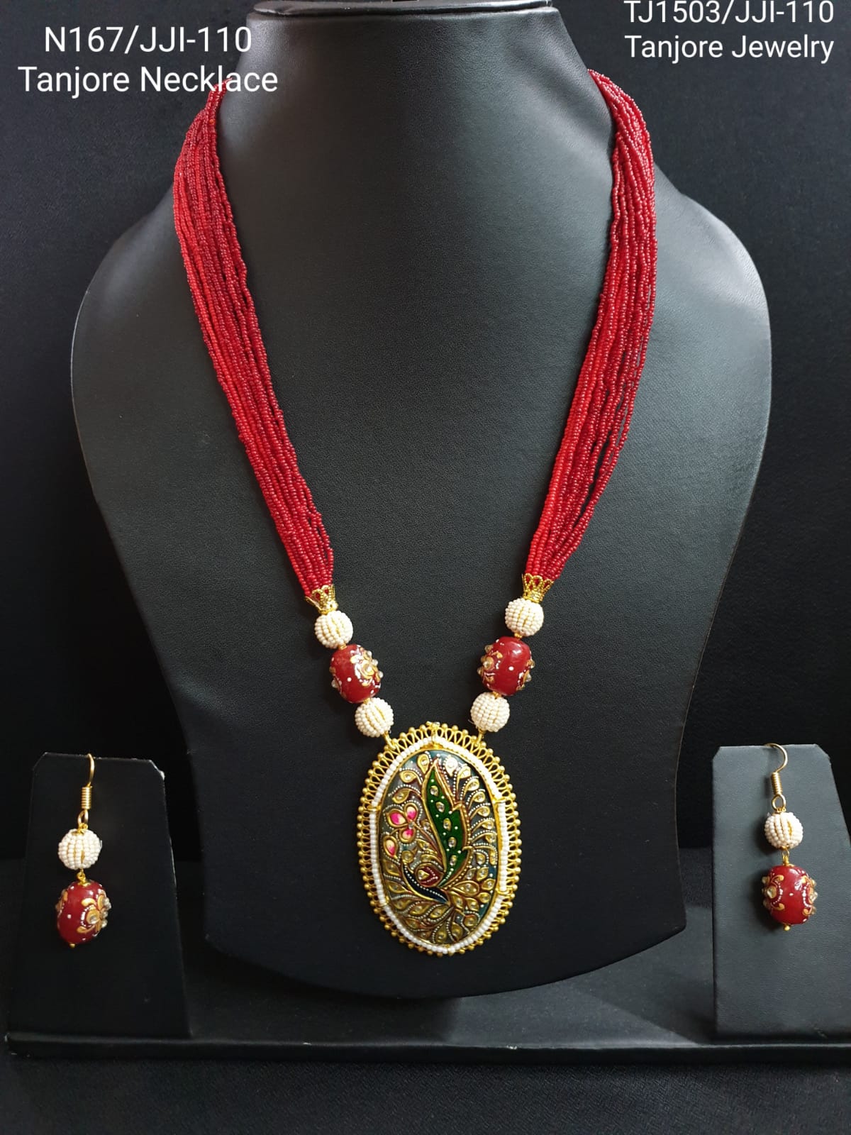 Red Seed Beaded Tanjore Work Pendant Set With Earrings
