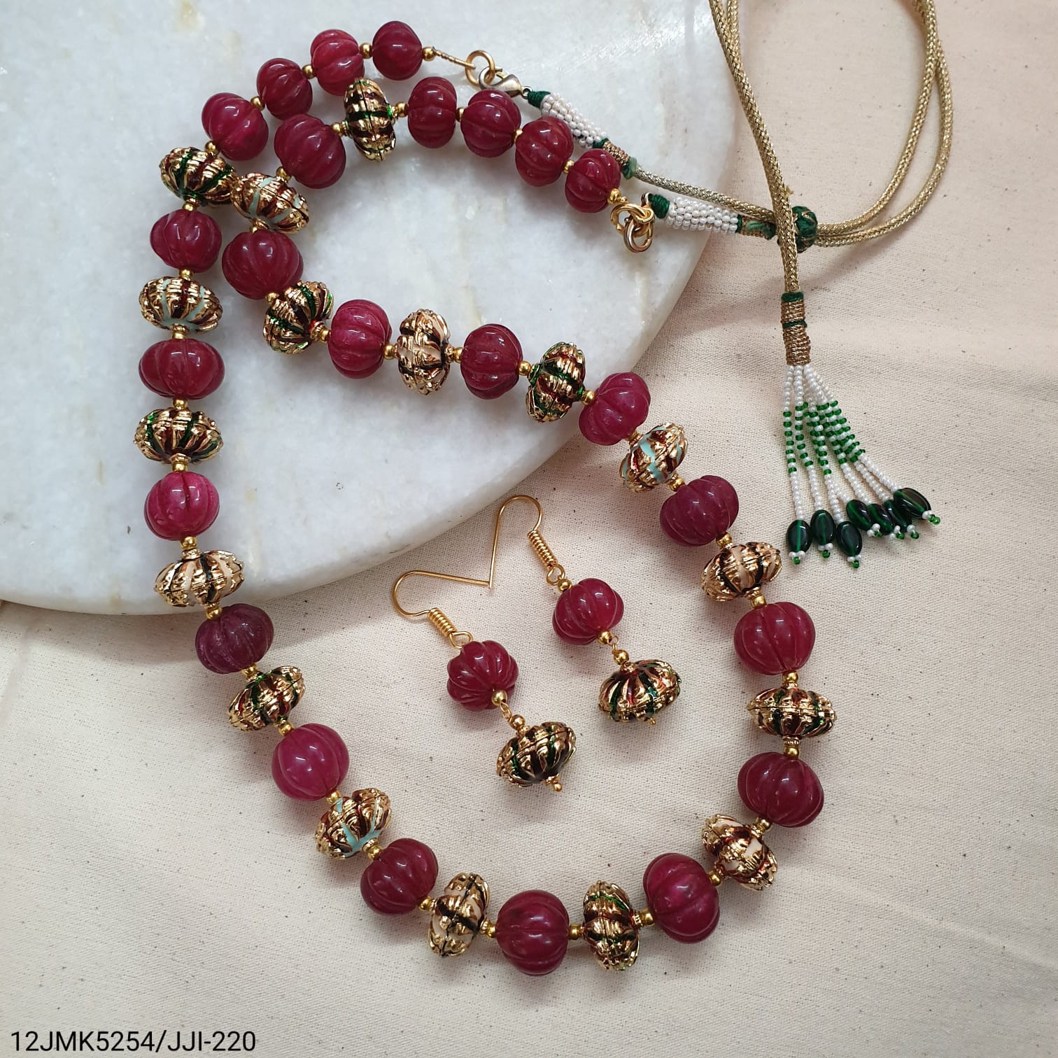 Pumpkin Meenakari Bead Necklace With Earrings