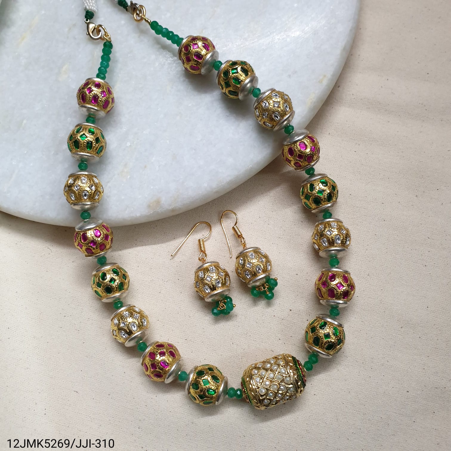 Real Pearl Jadau Bead Necklace With Earrings