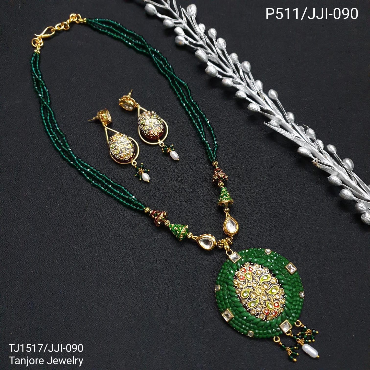 Green Tanjore And Takkar Work Pendant Set With Earrings