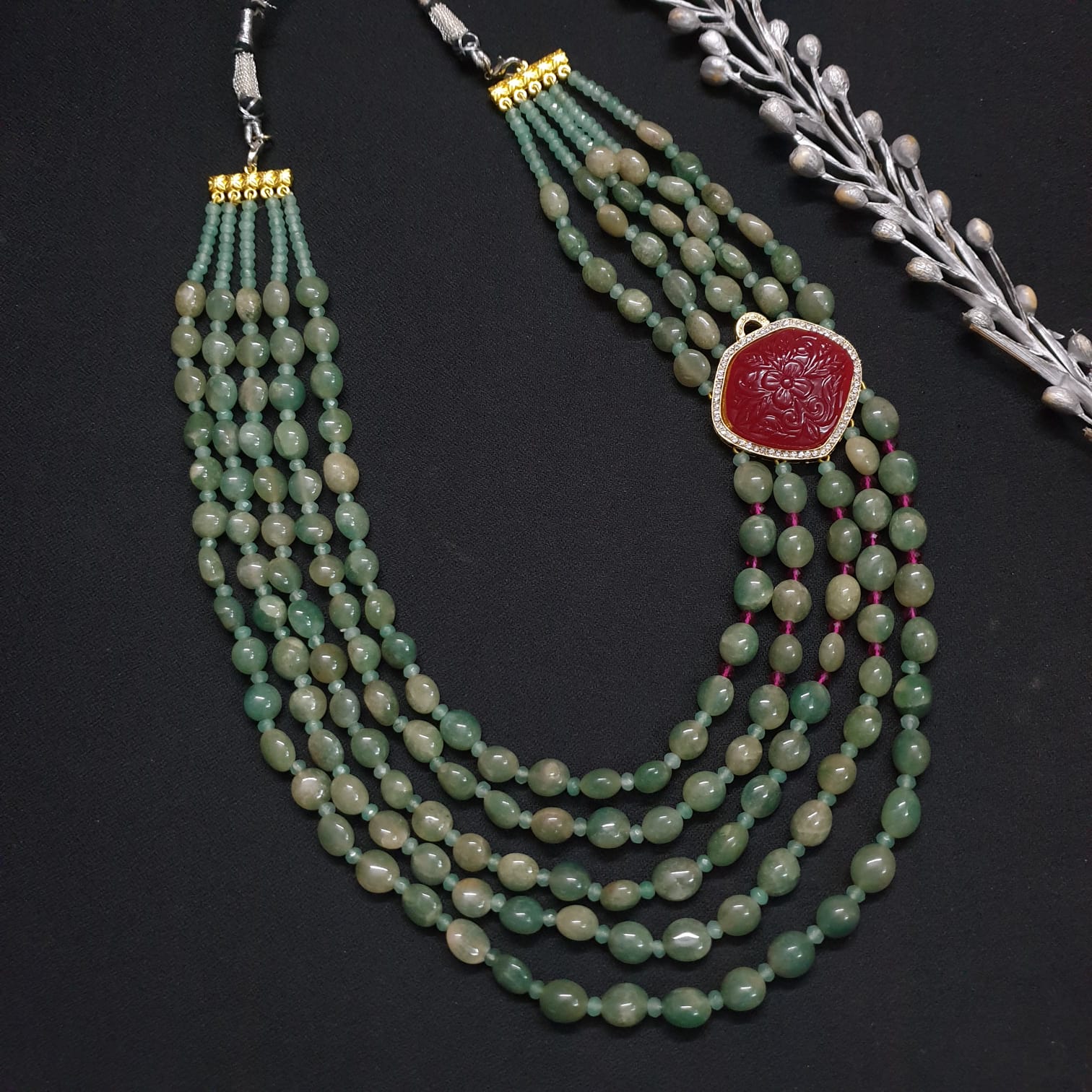 Green Beaded Red Carving Stone Necklace