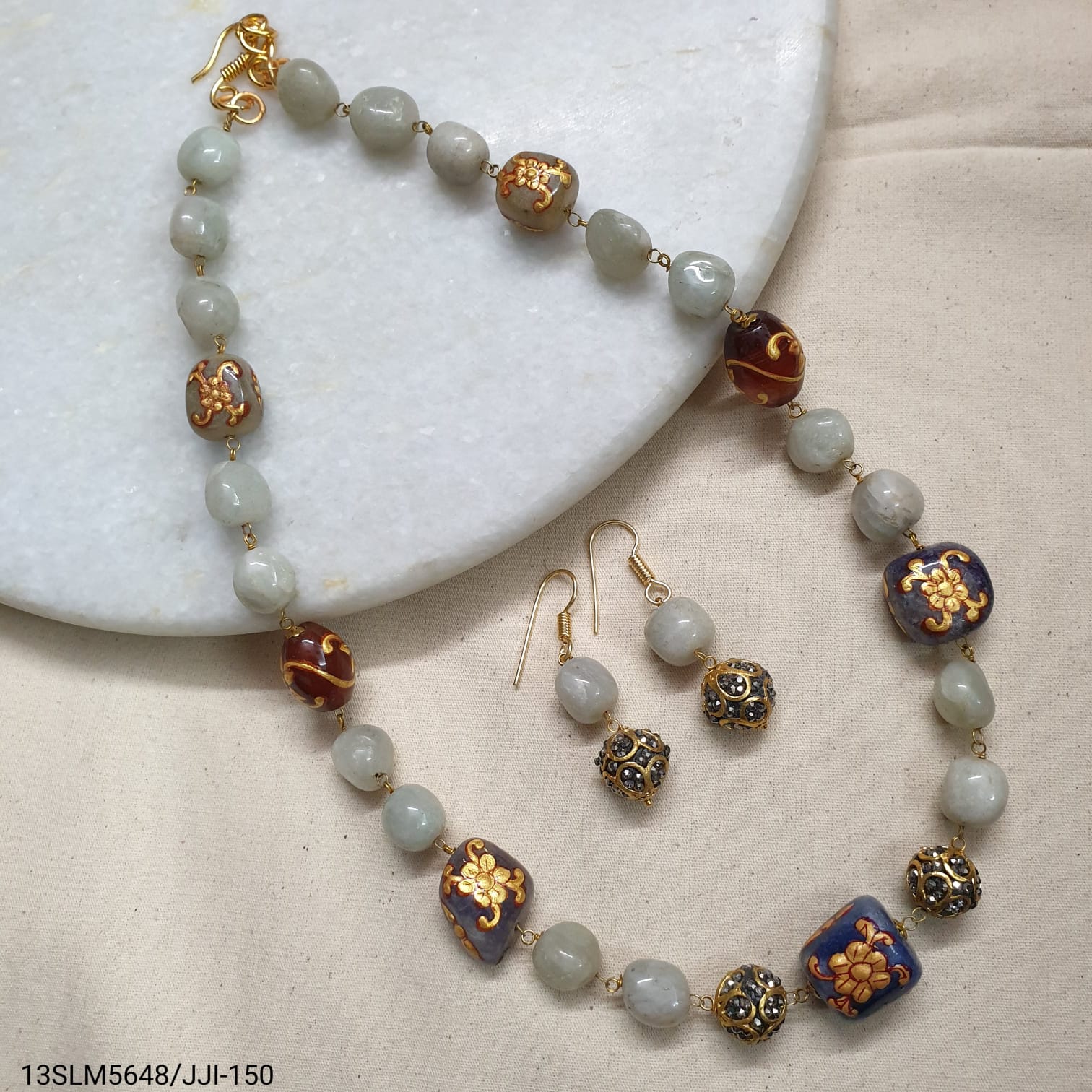 Grey Stone Handpainted Beaded Necklace
