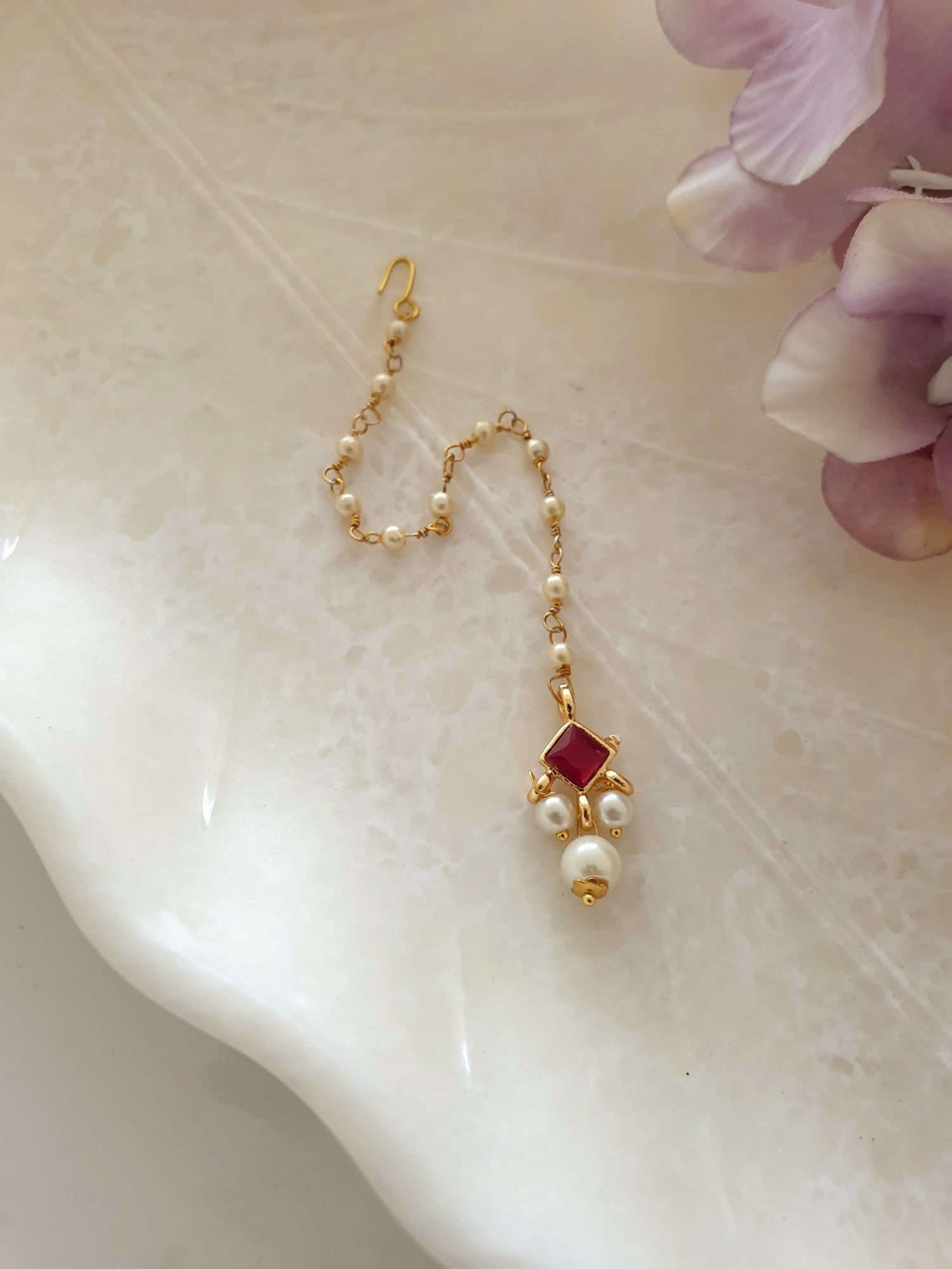 Red Square Stone Meenakari Pearl Beaded Maang Tikka