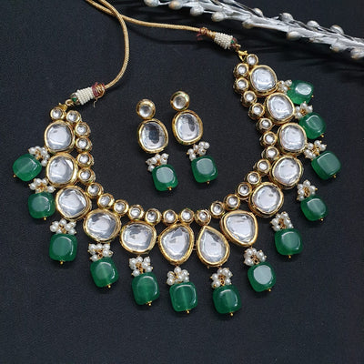 Kundan Necklace Set With Green Stone Beading