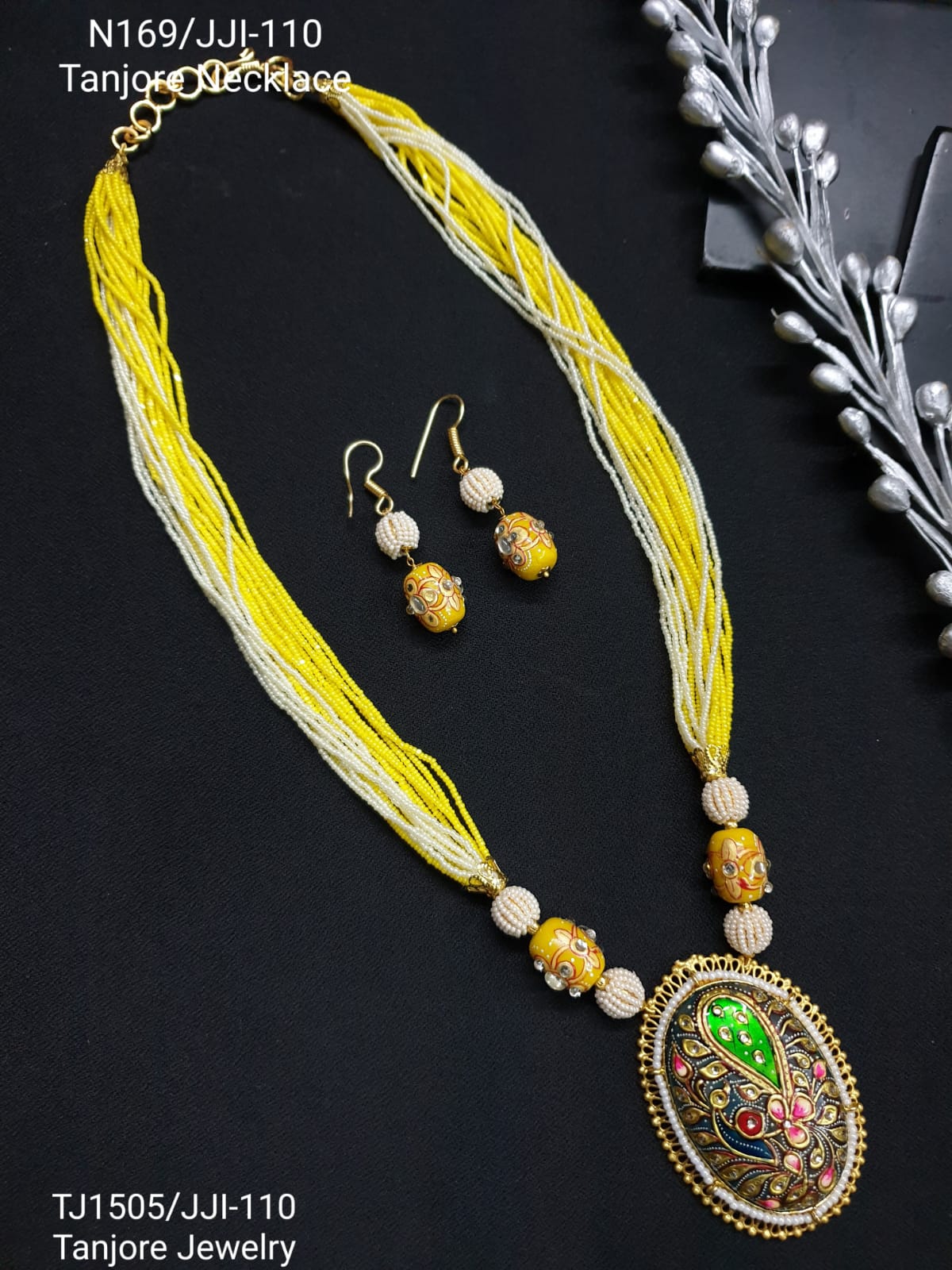 Yellow Seed Beaded Tanjore Work Pendant Set With Earrings