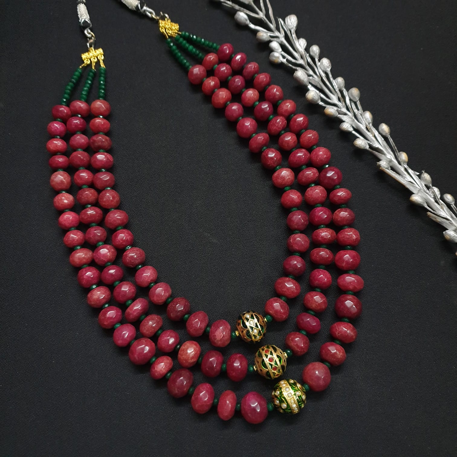Faceted Ruby Stone Jadau Bead Necklace