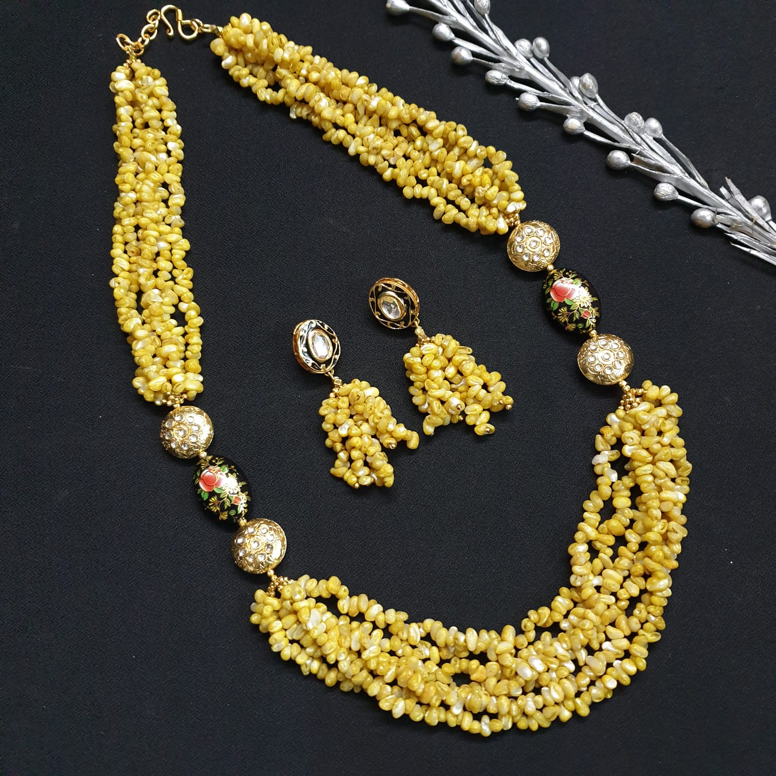 Yellow Uncut Beaded Necklace With Earrings