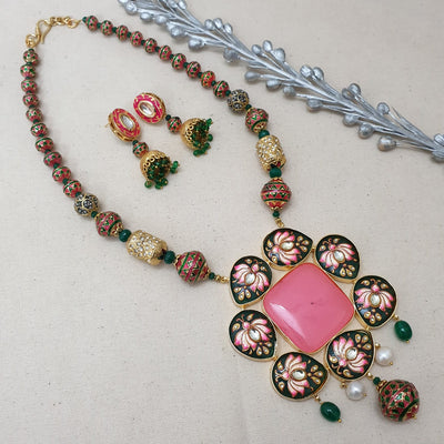 Designer Pink Meenakari Pendant Set With Earrings