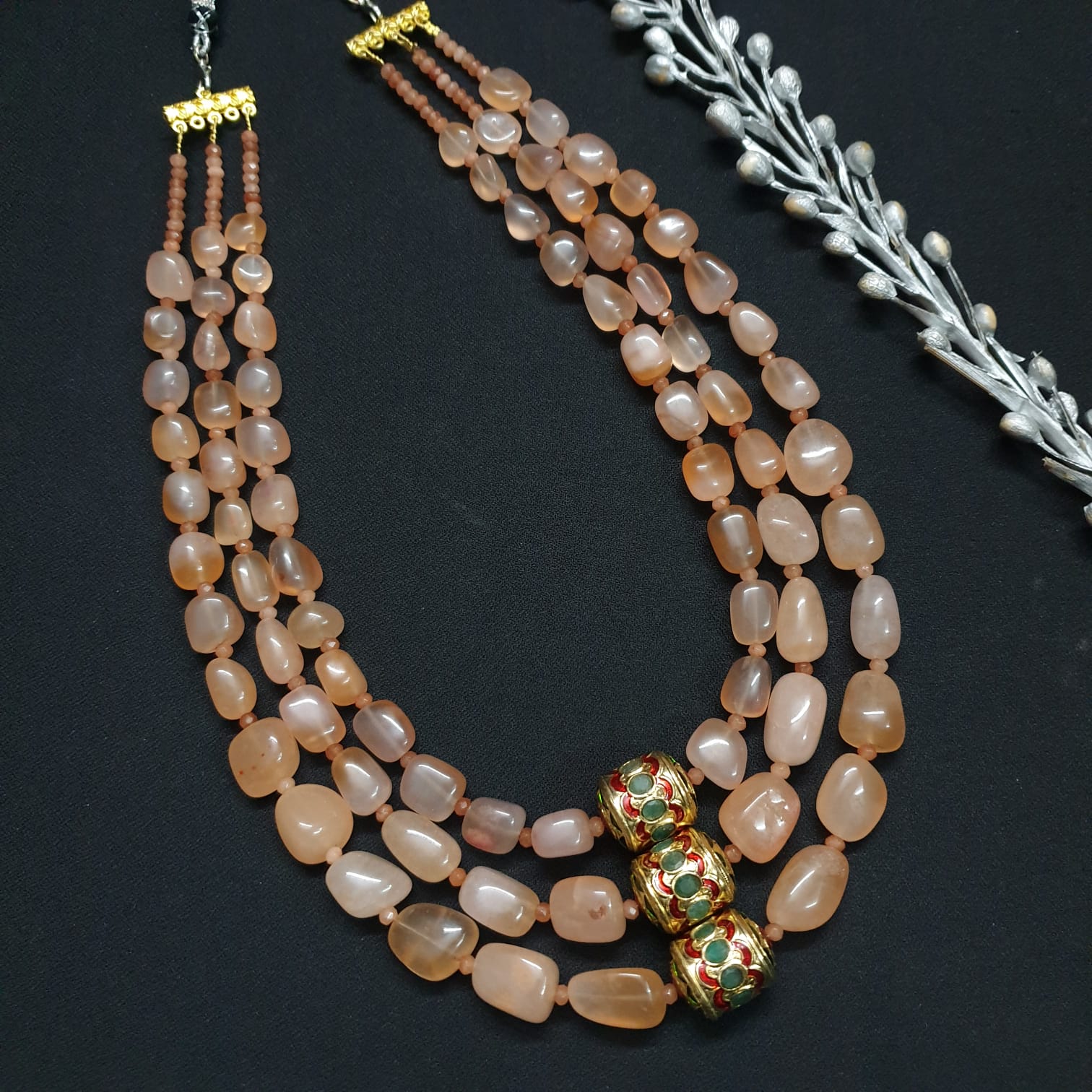 Three Layered Light Brown Jadau Bead Necklace