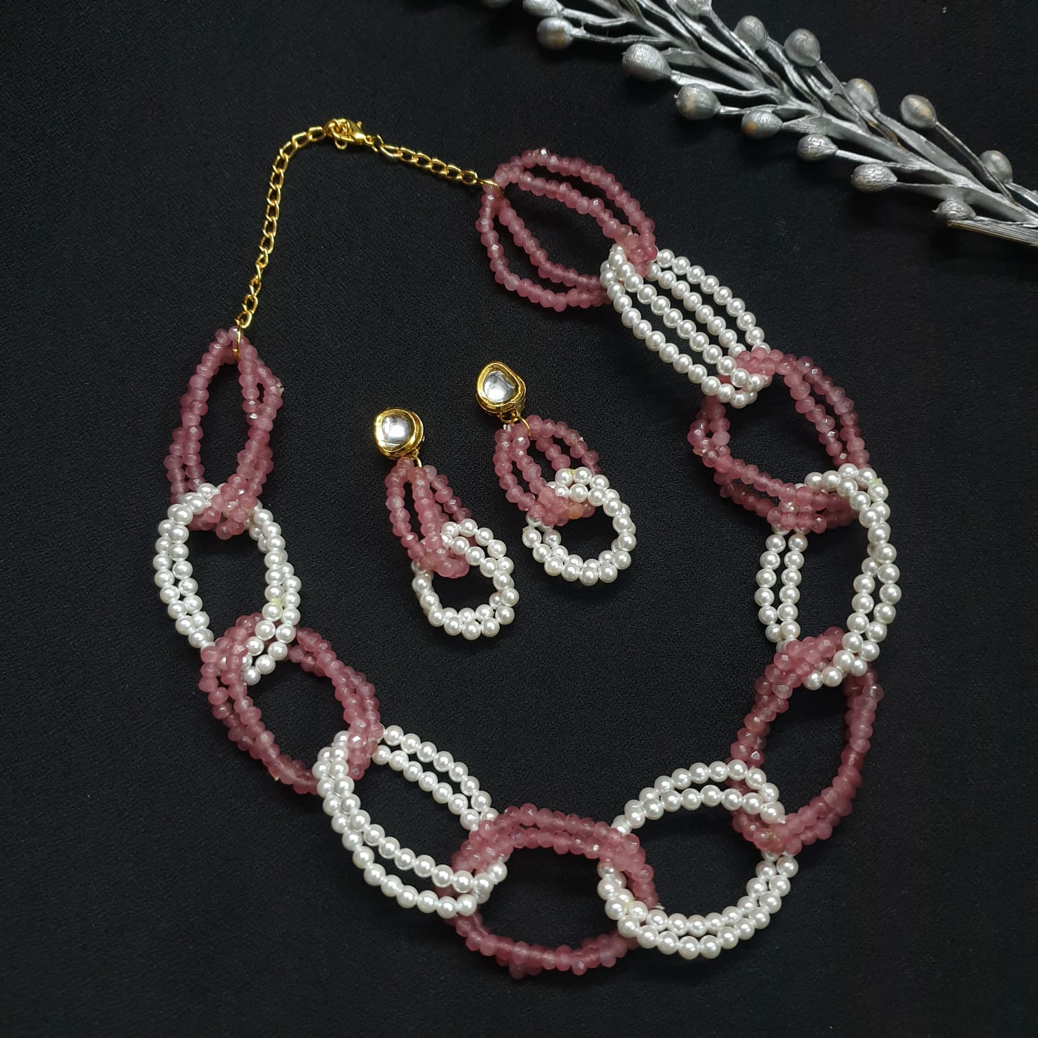 Pearl and Pink Stone Beads Designer Necklace With Earrings