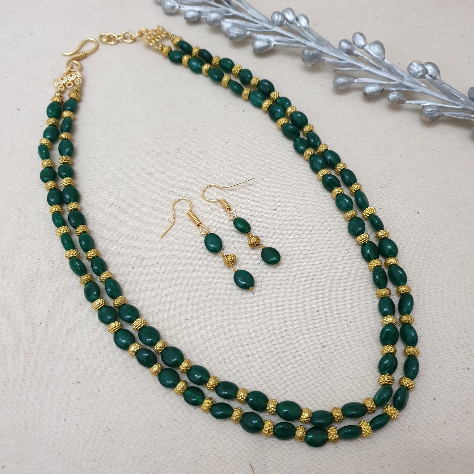 Two Layers Green Beads Stone Necklace and Earrings
