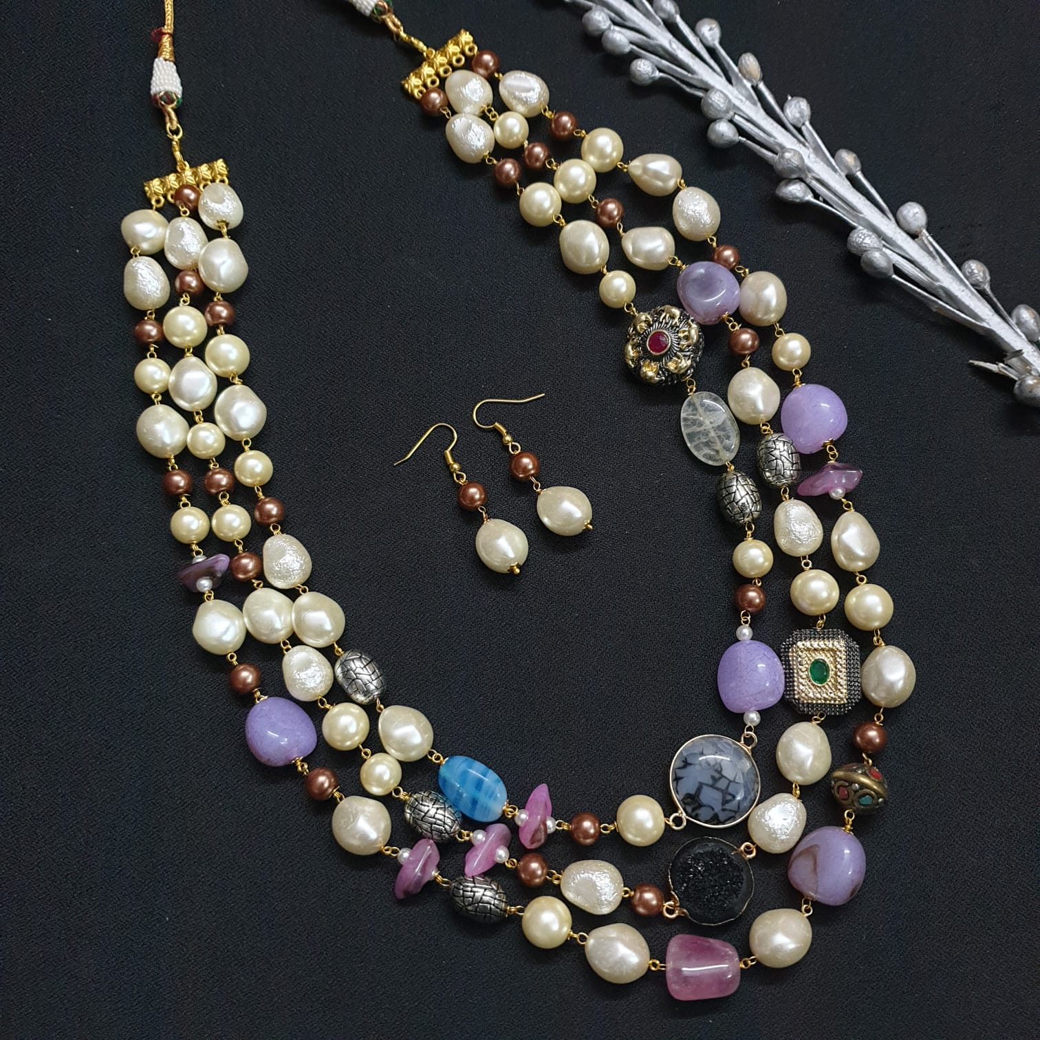 Multi Beaded Contemporary Necklace with Earrings