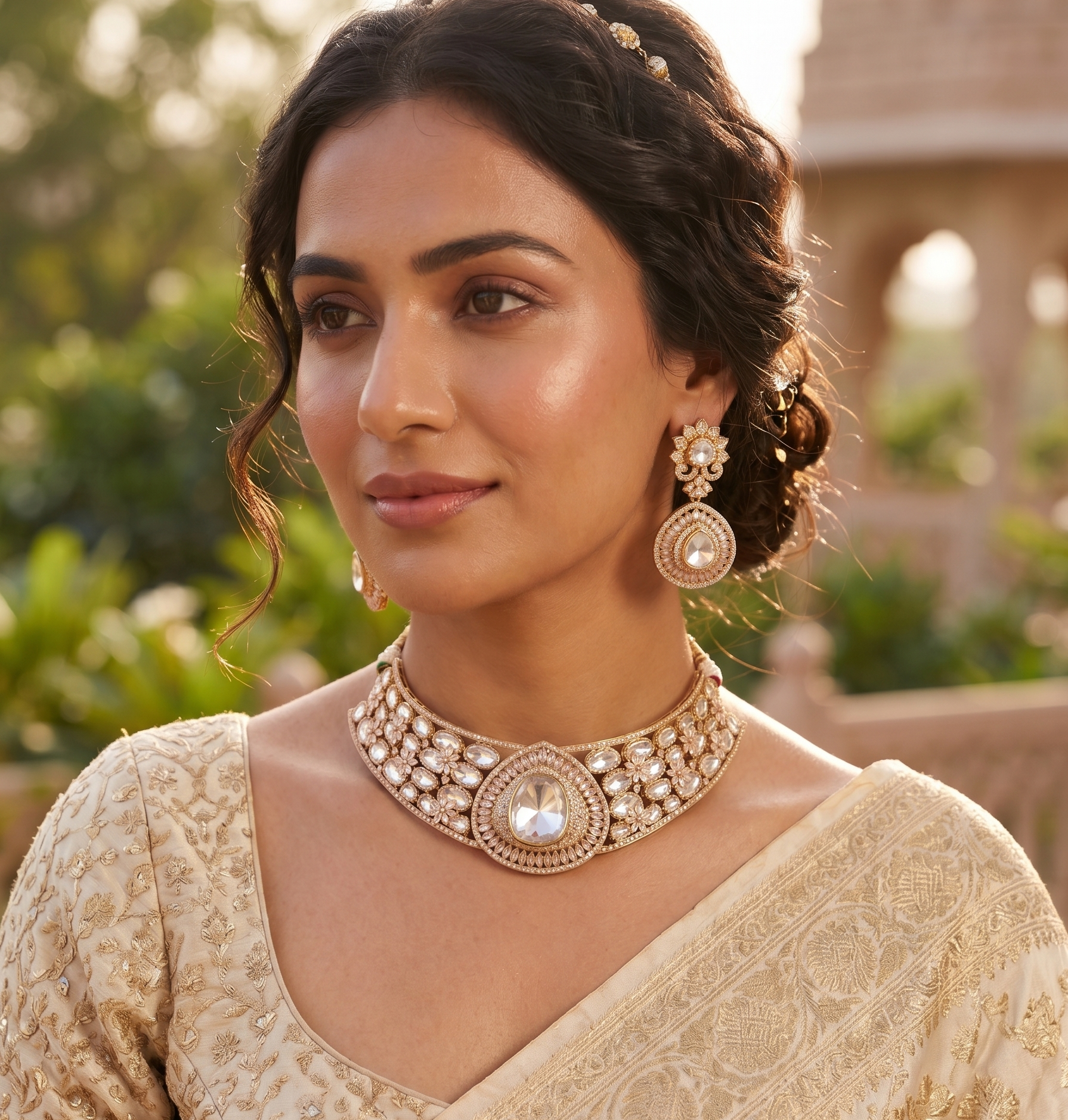 Kundan Polki Bridal Choker Necklace With Earrings