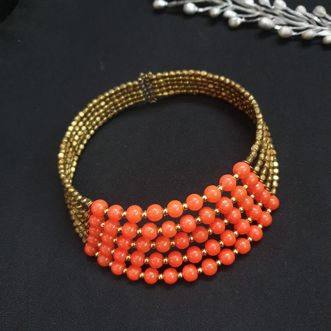 Orange Beaded Adjustable Choker Necklace
