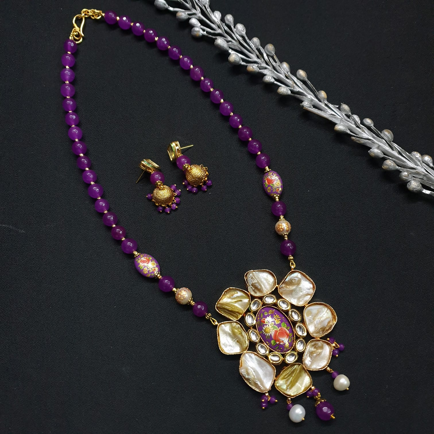Purple Beaded Kundan Fusion Set With Earrings