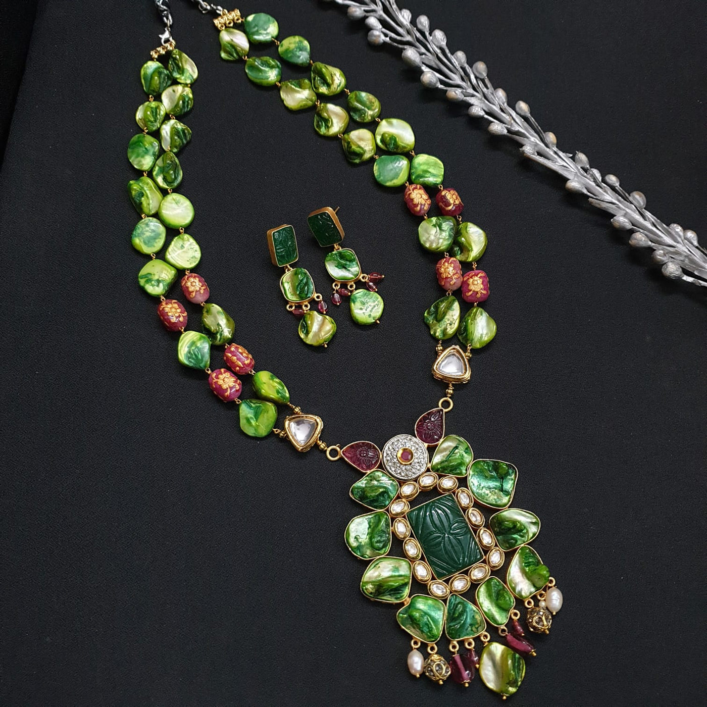 Mother of Pearl Green Beaded Fusion Pendant Set