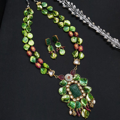 Mother of Pearl Green Beaded Fusion Pendant Set