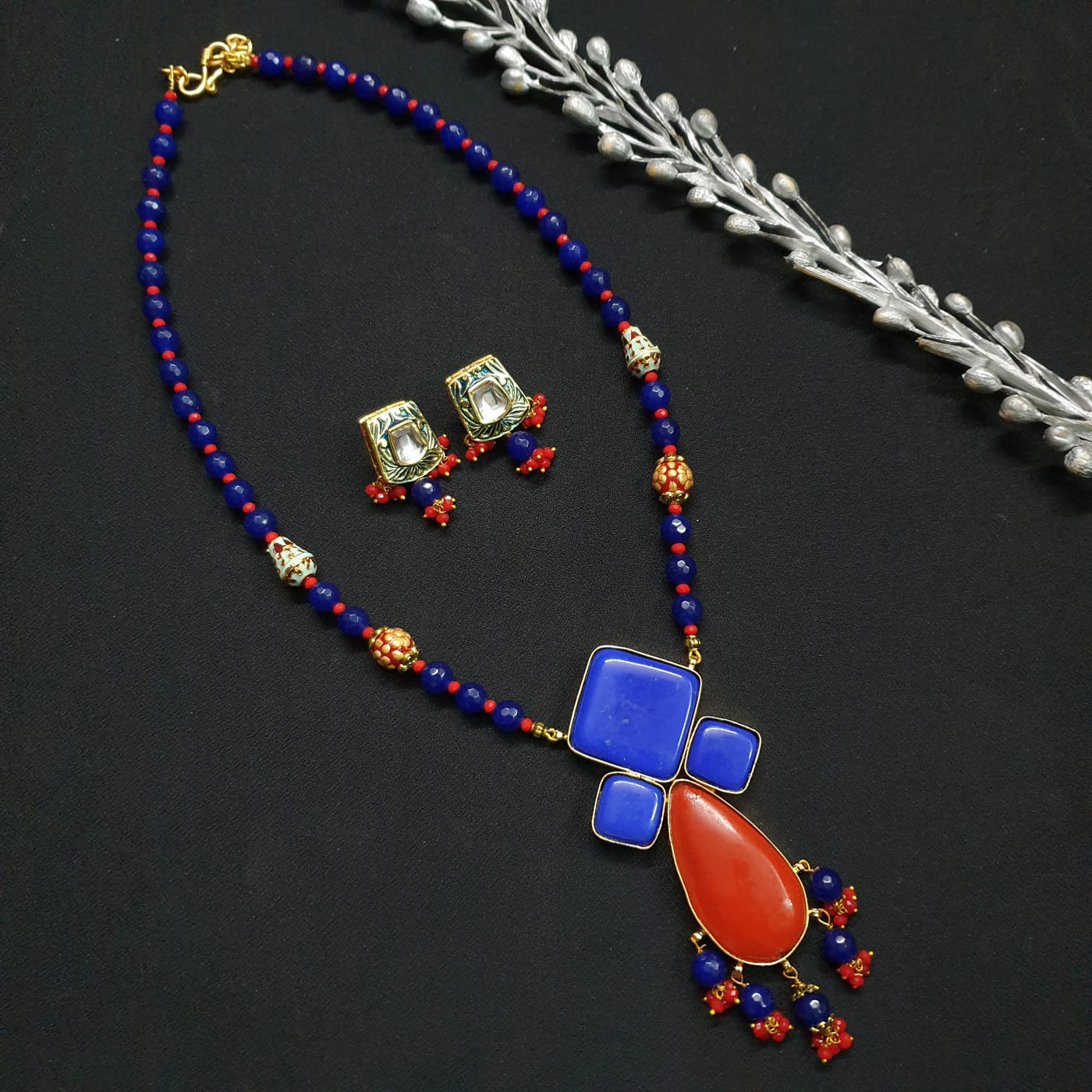 Blue Beaded Designer Pendant Set With Earrings