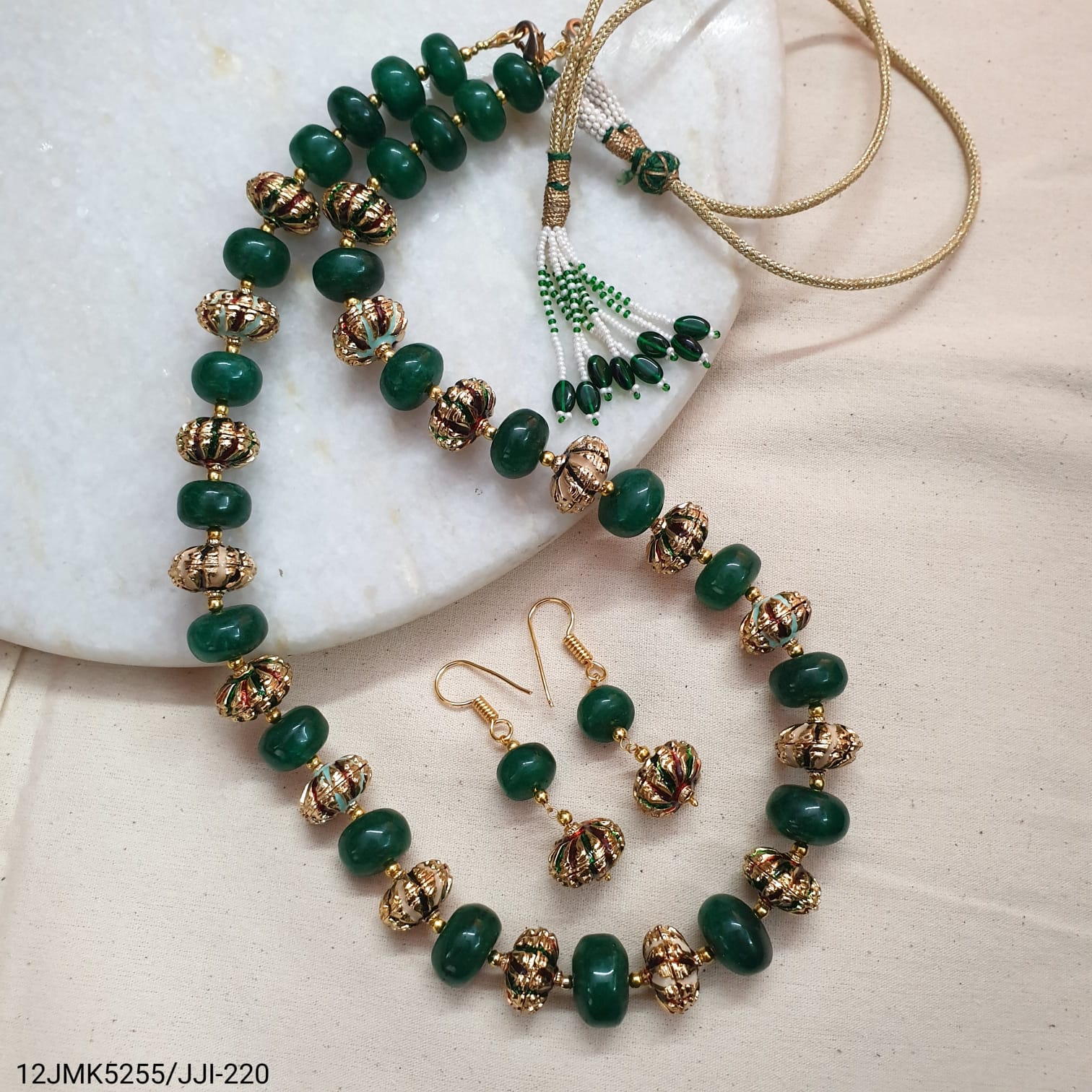 Green Onyx Meenakari Bead Necklace With Earrings