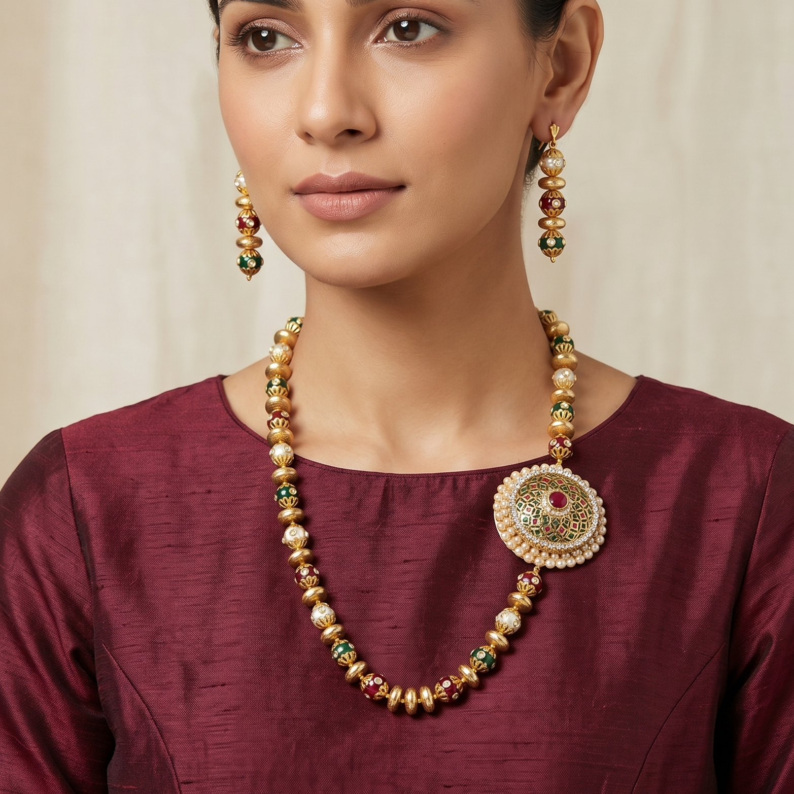 Designer Kundan & Multicolor Beads Stone Necklace With Earrings