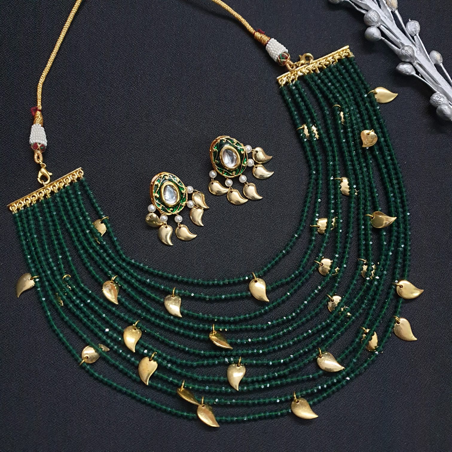 Green Beaded Golden Petals Necklace With Earrings
