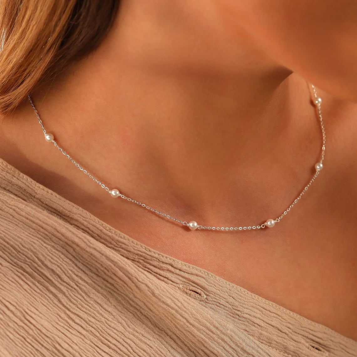 Silver Tone Dainty Pearl Chain Necklace