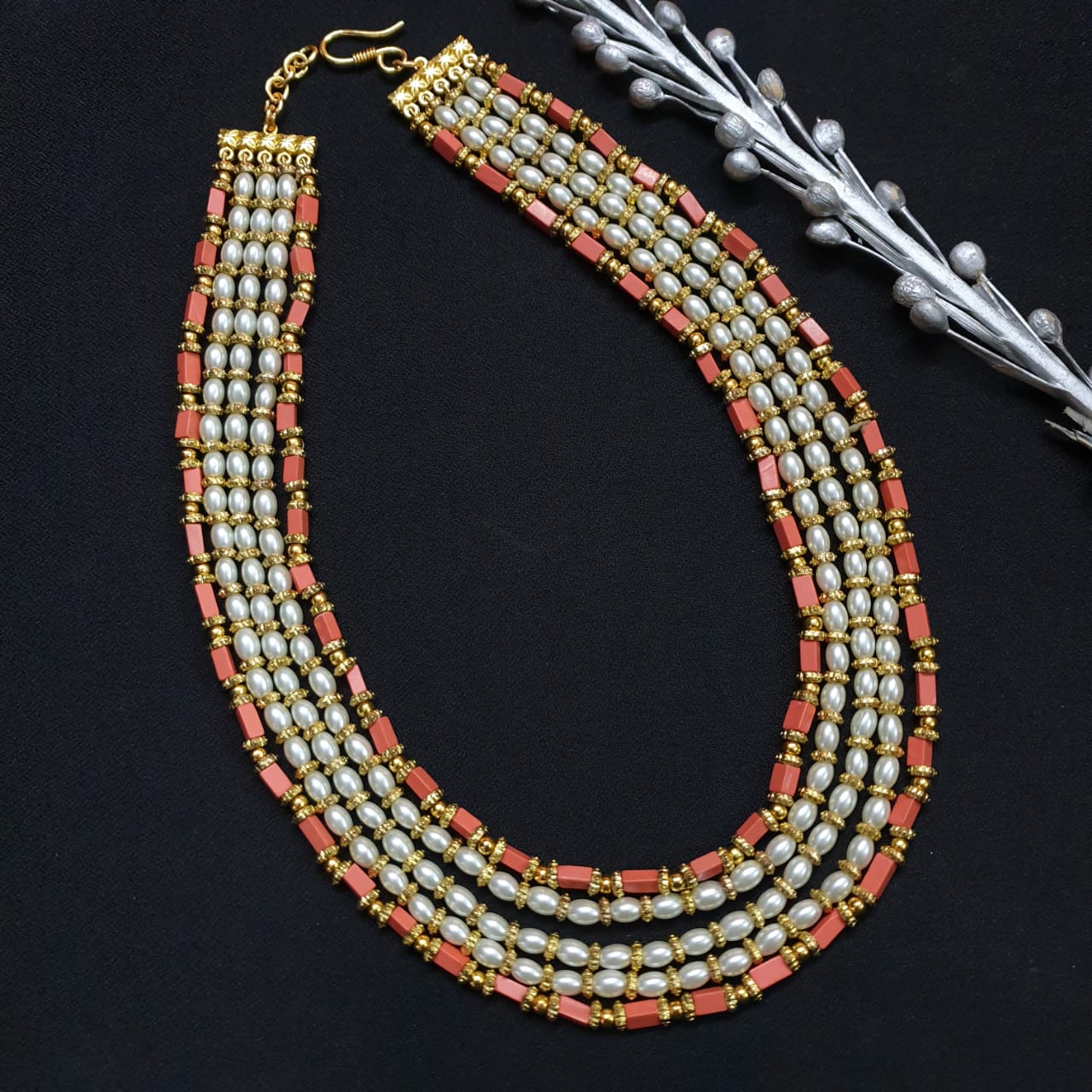 Designer Pearl And Coral Beaded Necklace