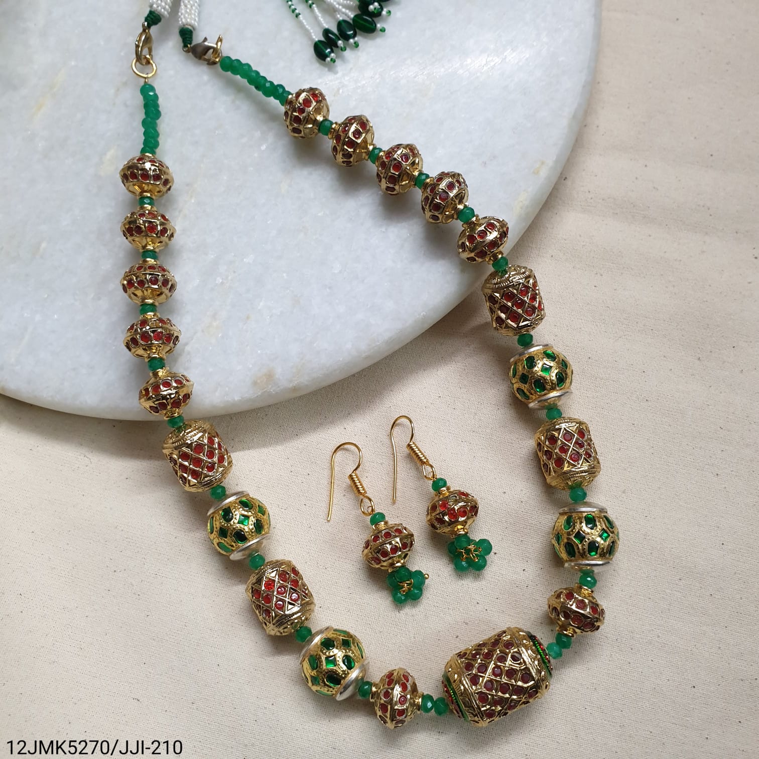 Red Green Jadau Bead Necklace With Earrings