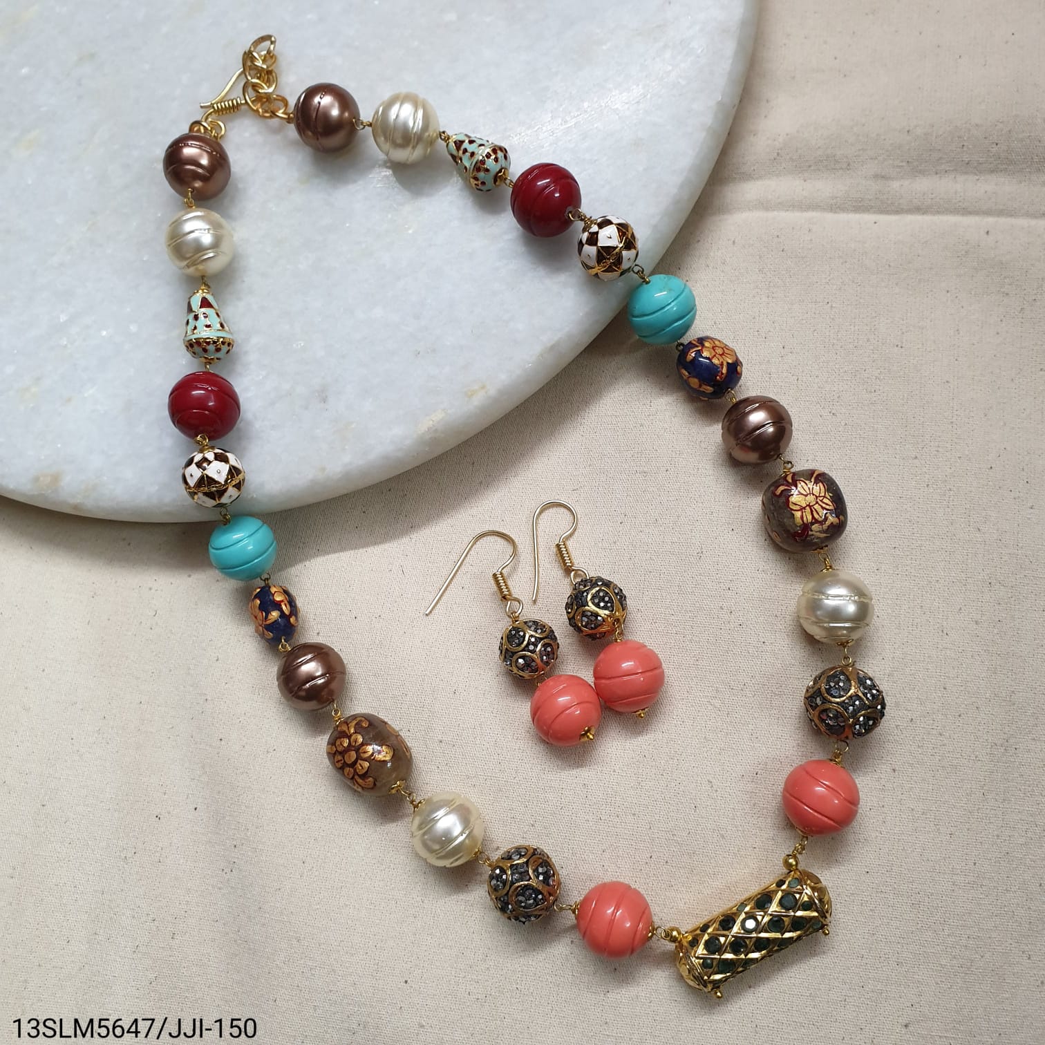 Multi Fancy Beads Necklace With Earrings