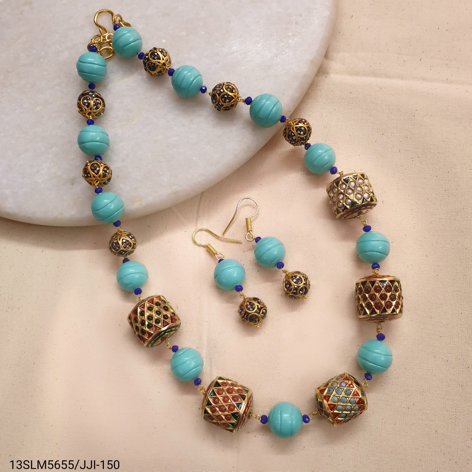 Turquoise Beaded Jadau Necklace With Earrings