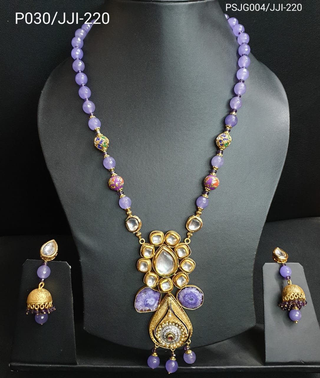 Purple Beaded Kundan Fusion Jewellery Set