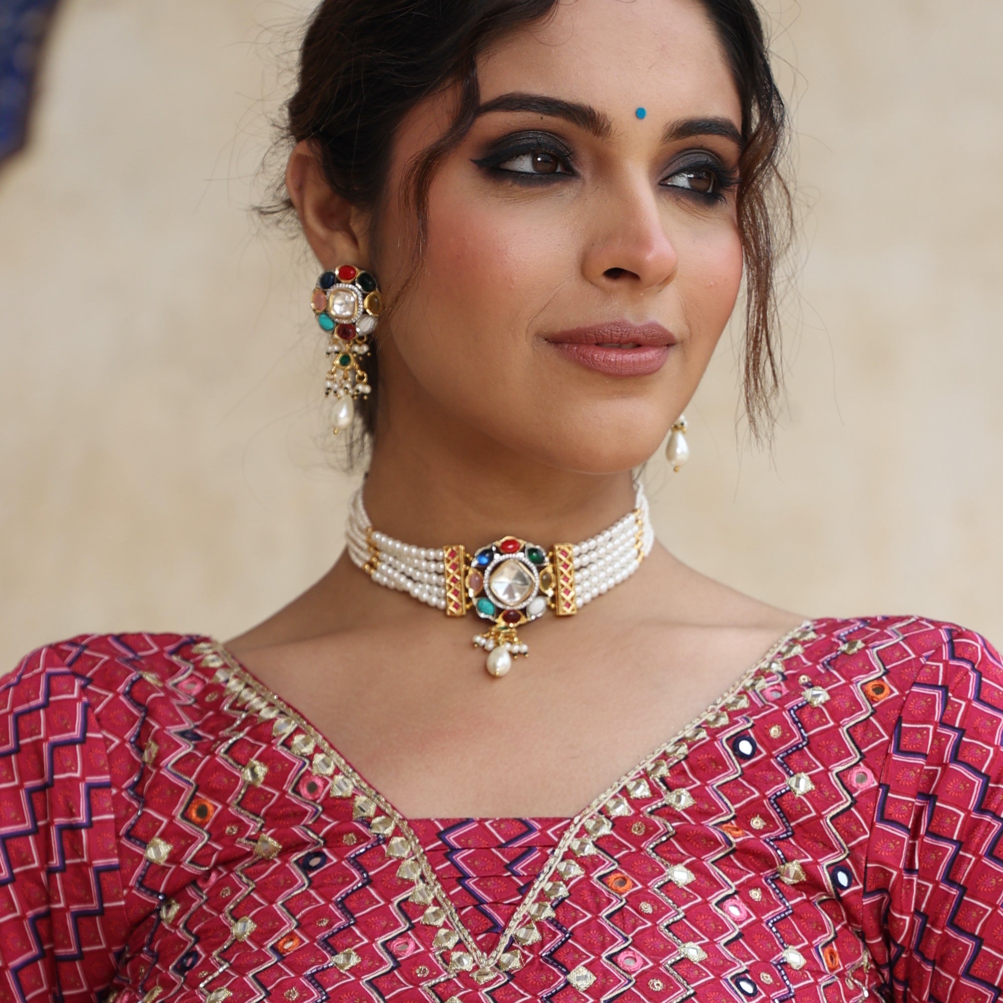 Navratana Kundan Stone Choker Necklace With Earrings
