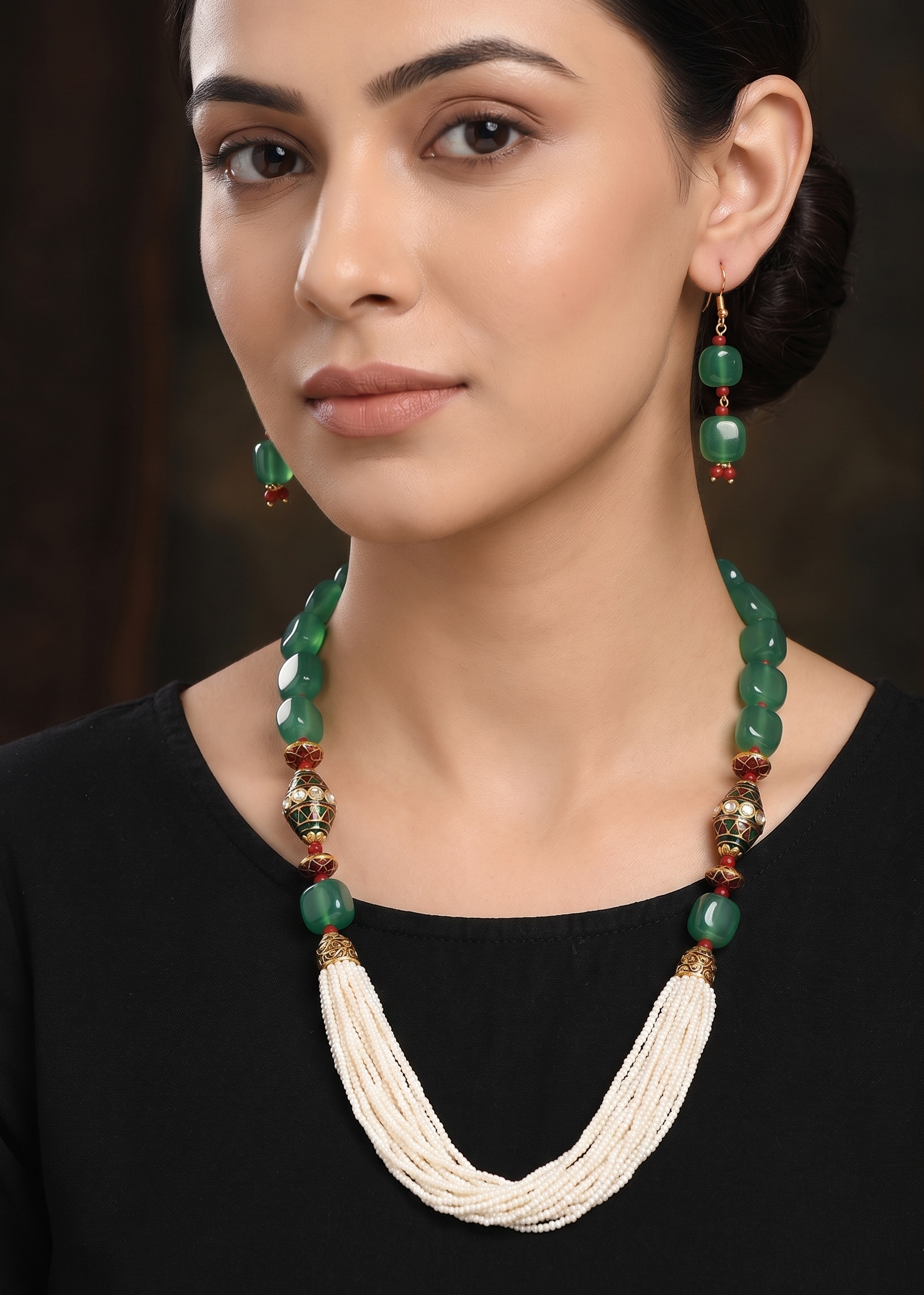 Green Meenakari Beads Pearl Seed Bead Necklace Set