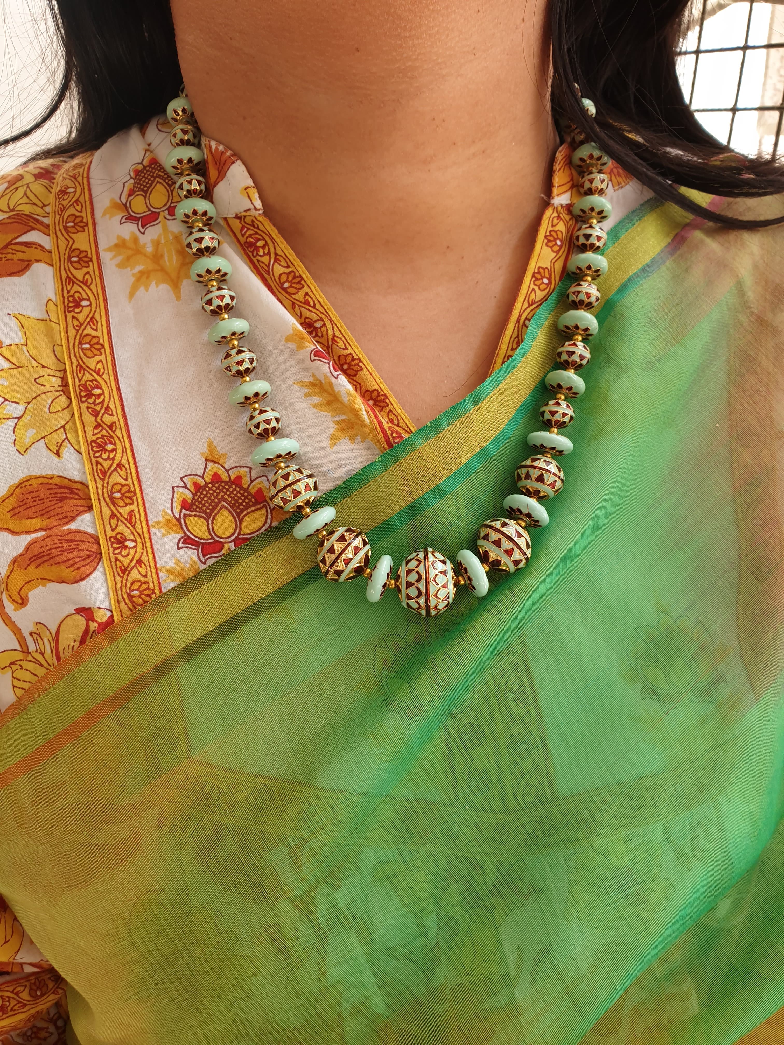 Turquoise Red Meenakari Beaded Necklace with Earrings