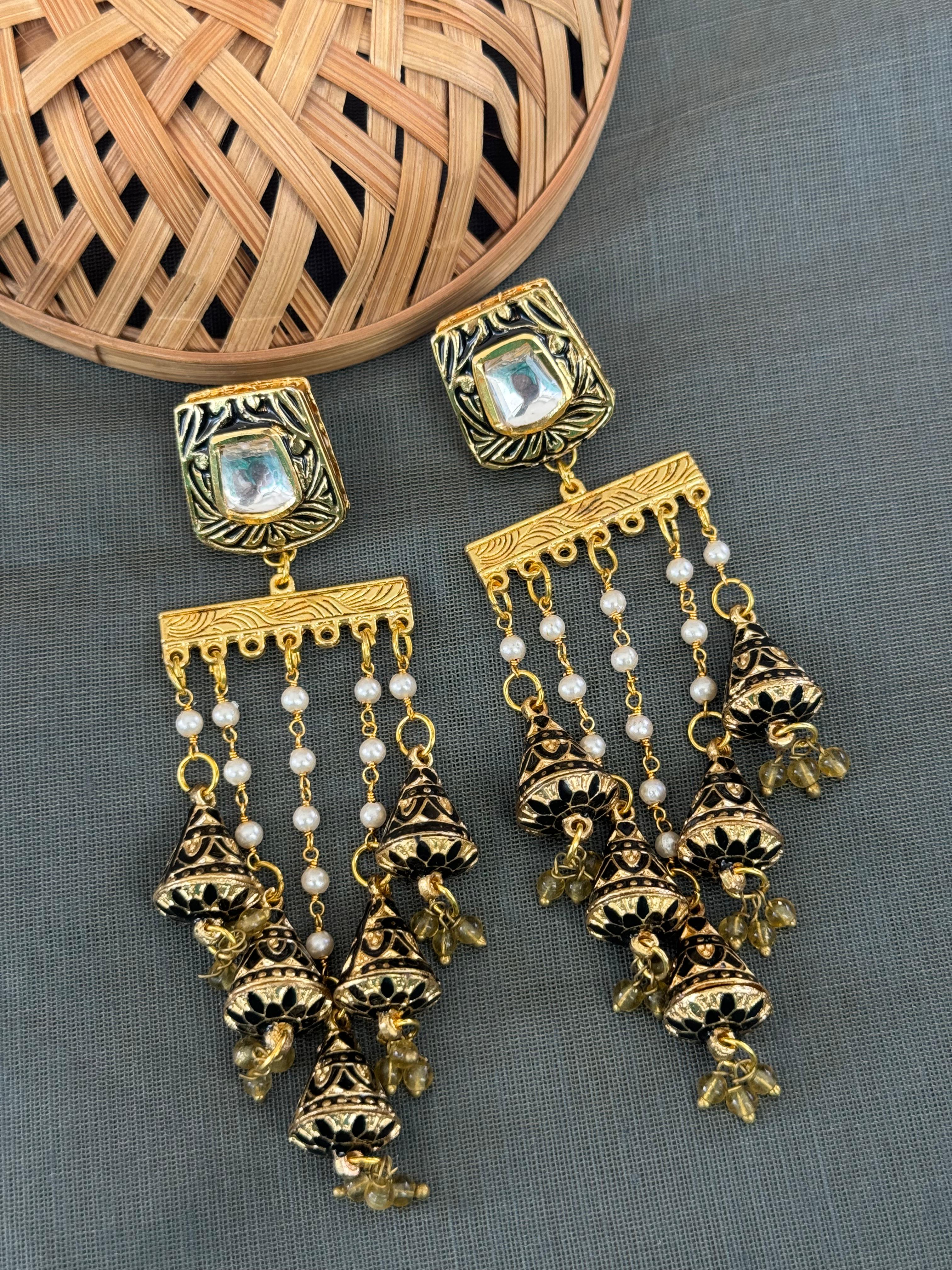 Black Meenakari Long Pearl Earrings