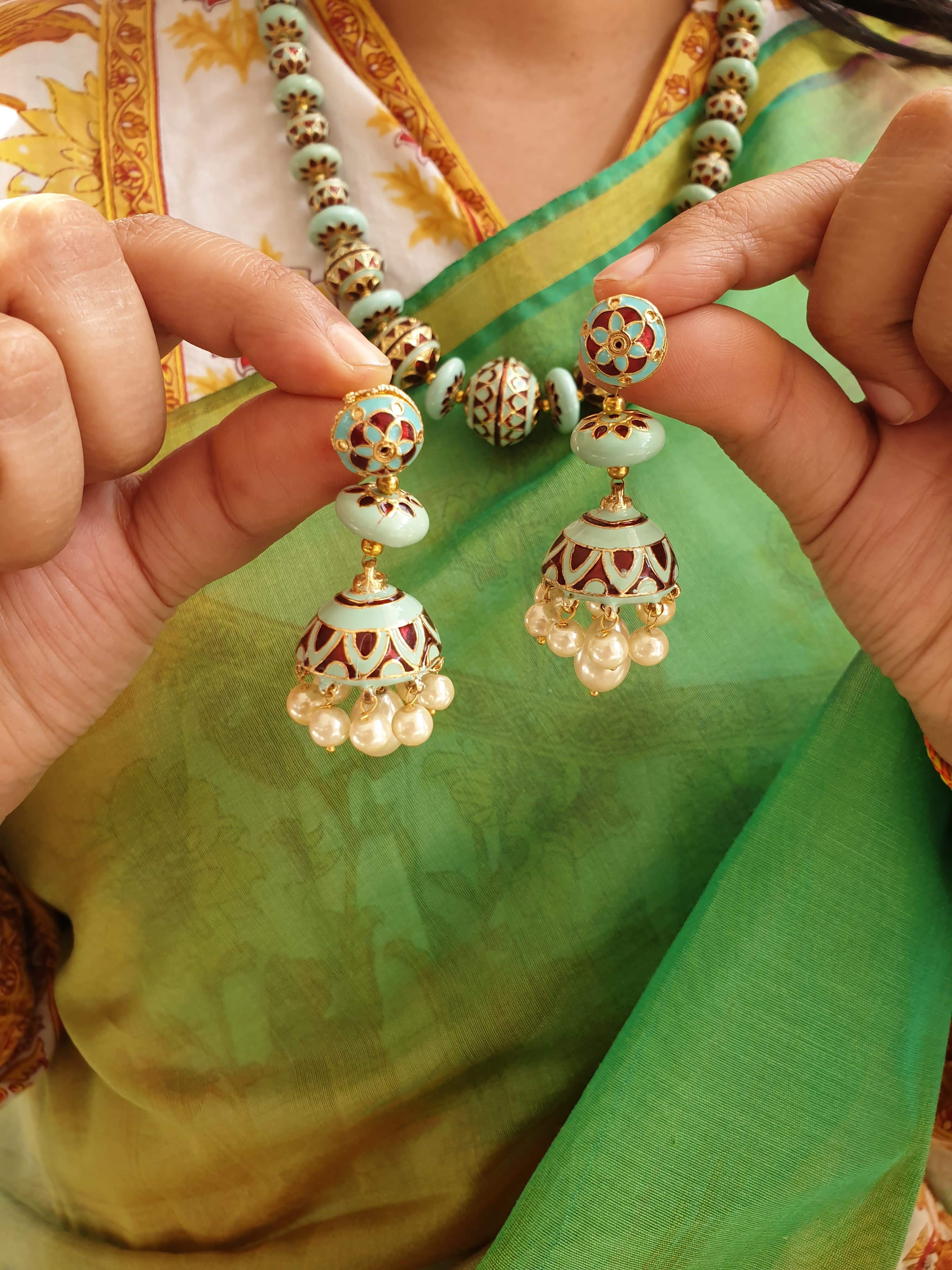 Turquoise Red Meenakari Beaded Necklace with Earrings