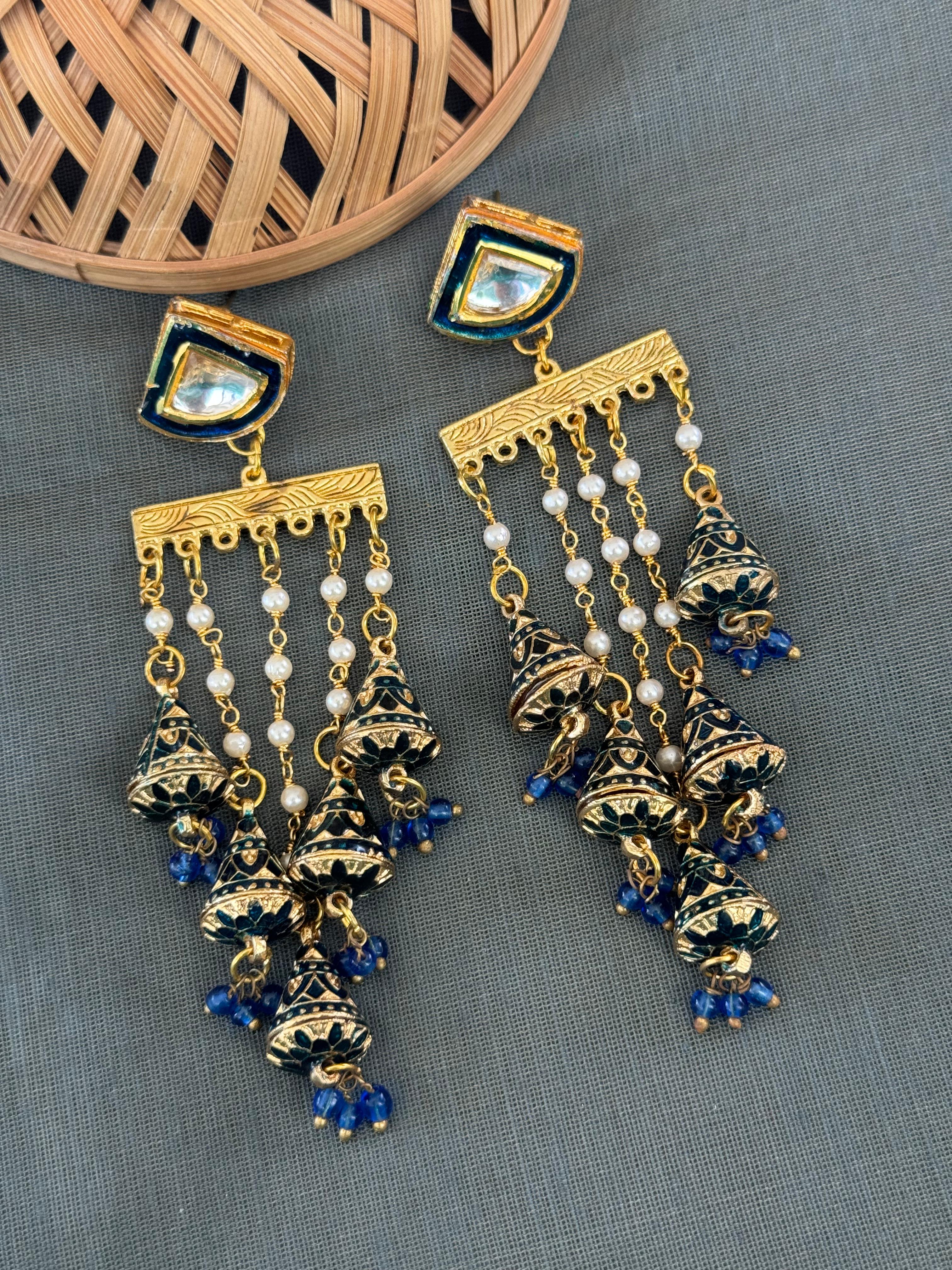 Dark Blue Meenakari Long Pearl Earrings