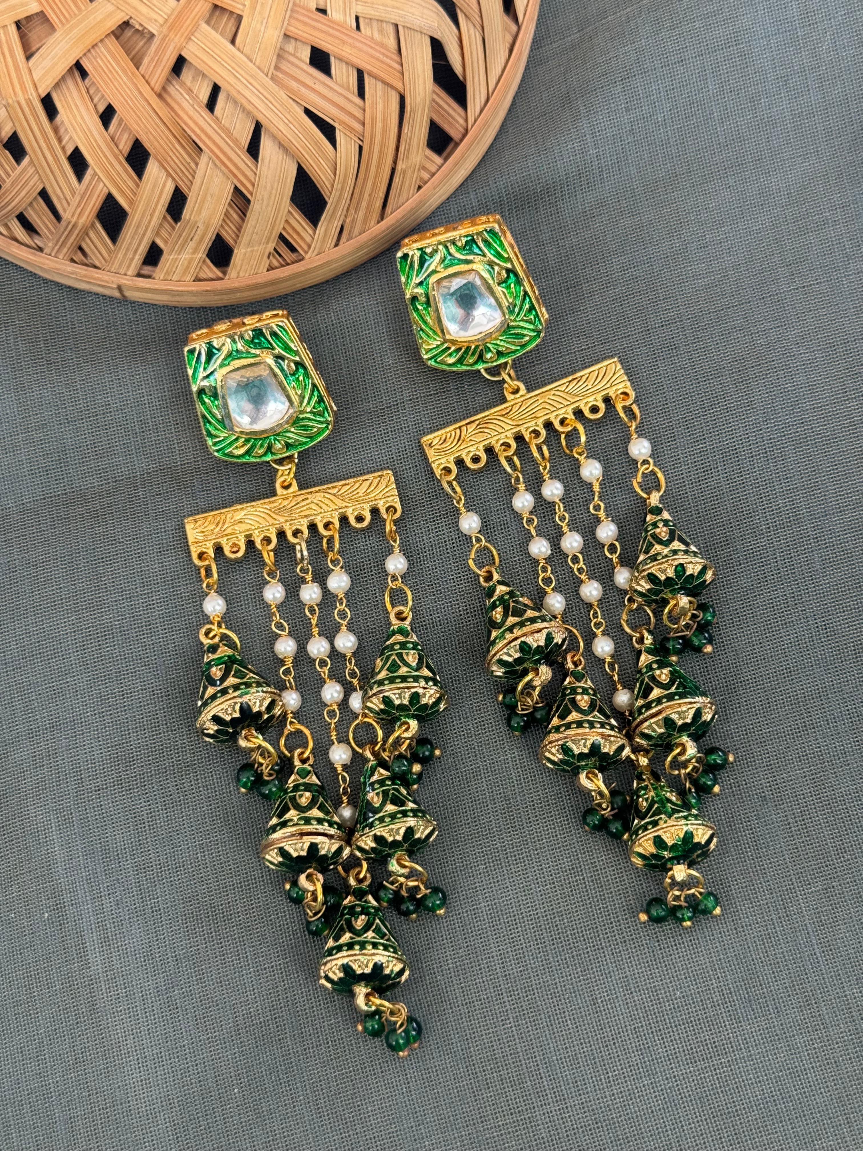 Dark Green Meenakari Long Pearl Earrings