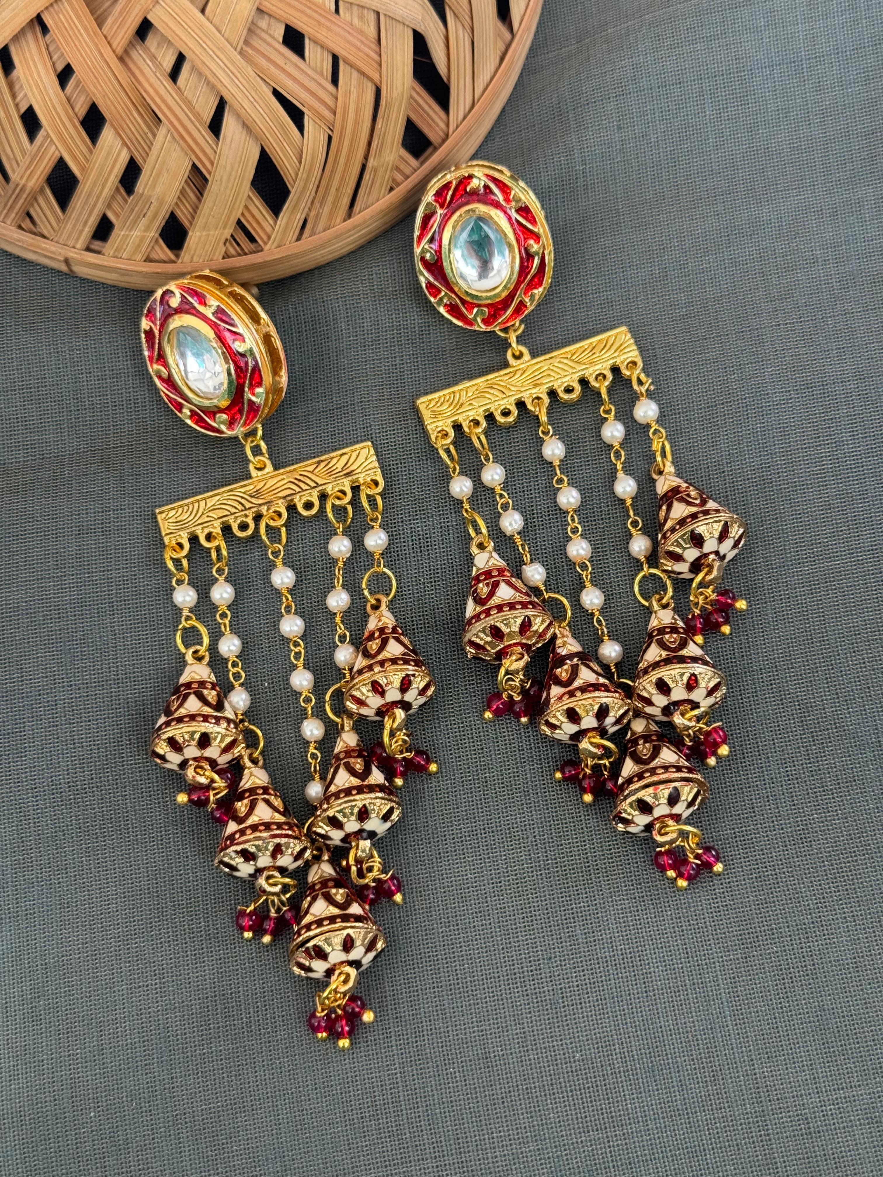 Maroon Meenakari Long Pearl Earrings