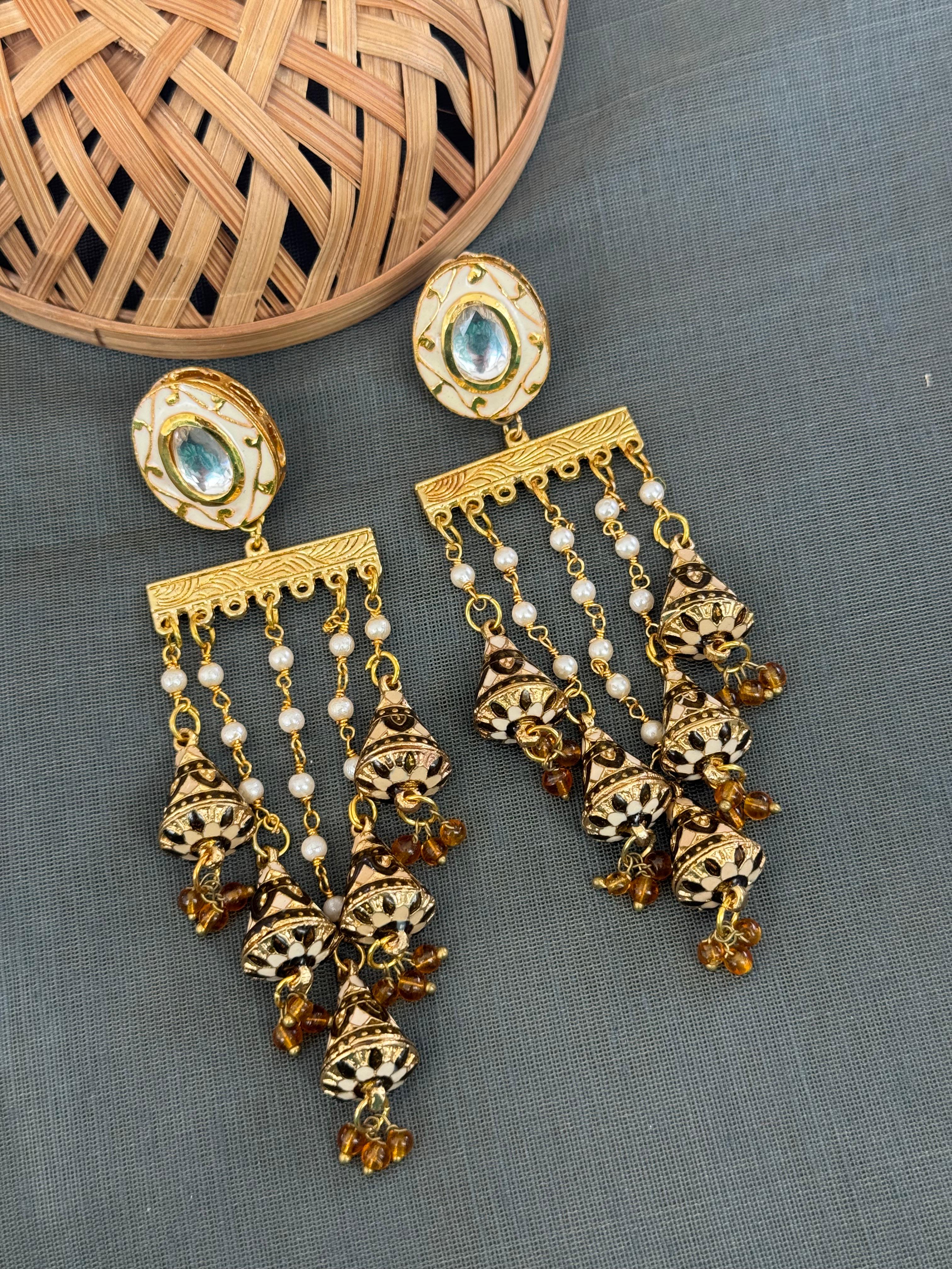 Brown Meenakari Long Pearl Earrings