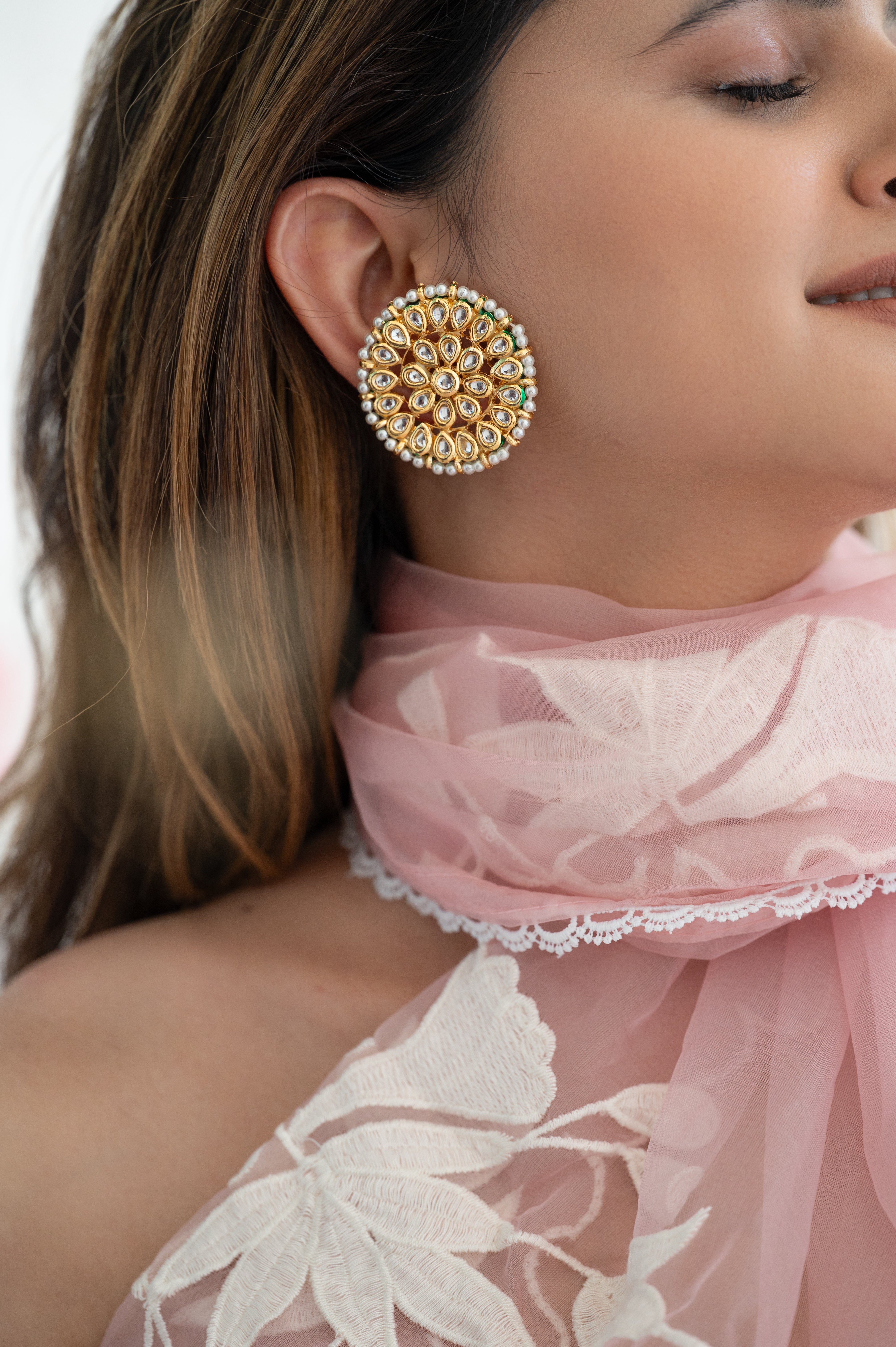 Kundan Polki Gold Finish Stud Earrings