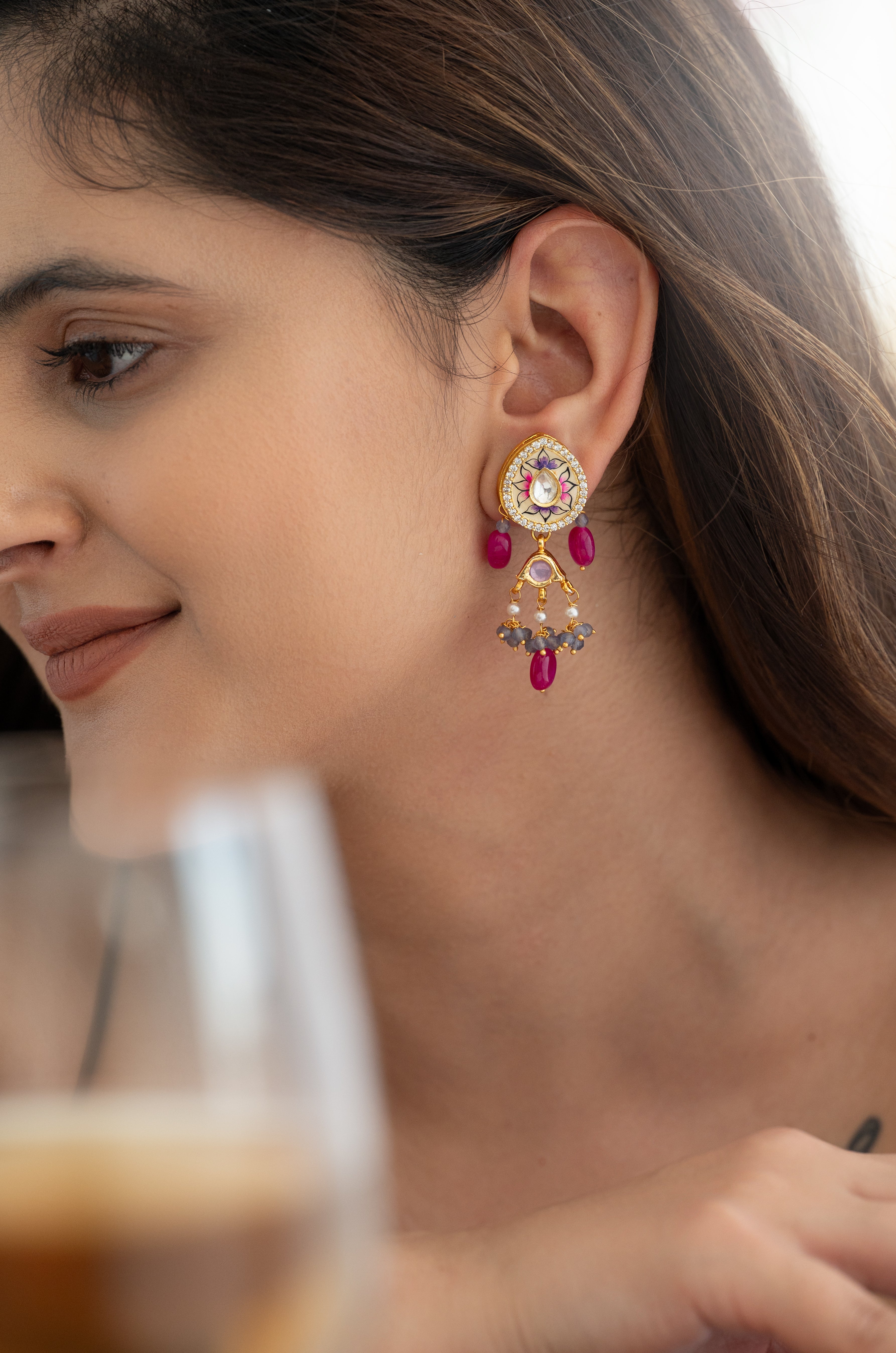 Pink Stone Kundan Meenakari Drop Earrings