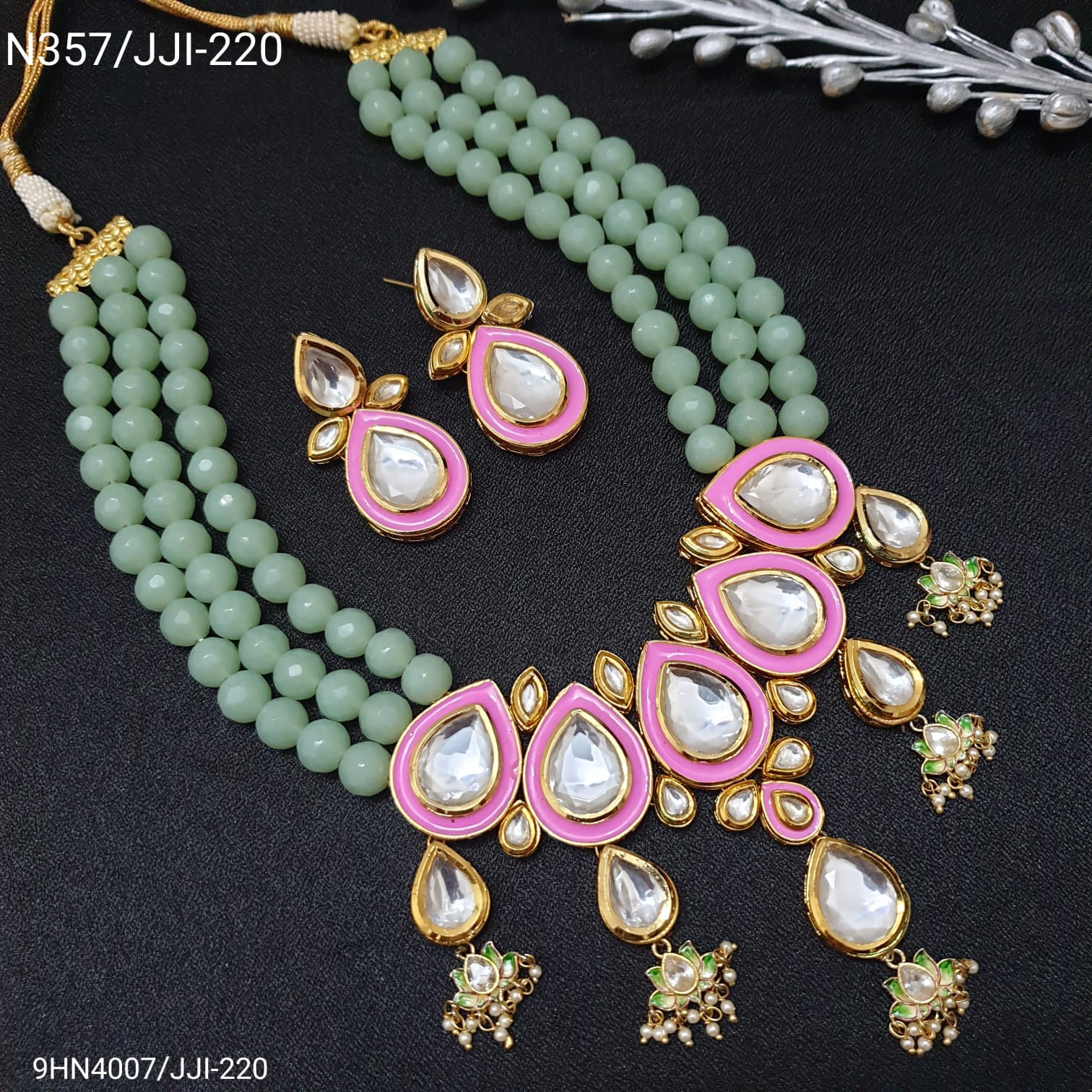 Designer Kundan Meenakari Necklace Set With Earrings