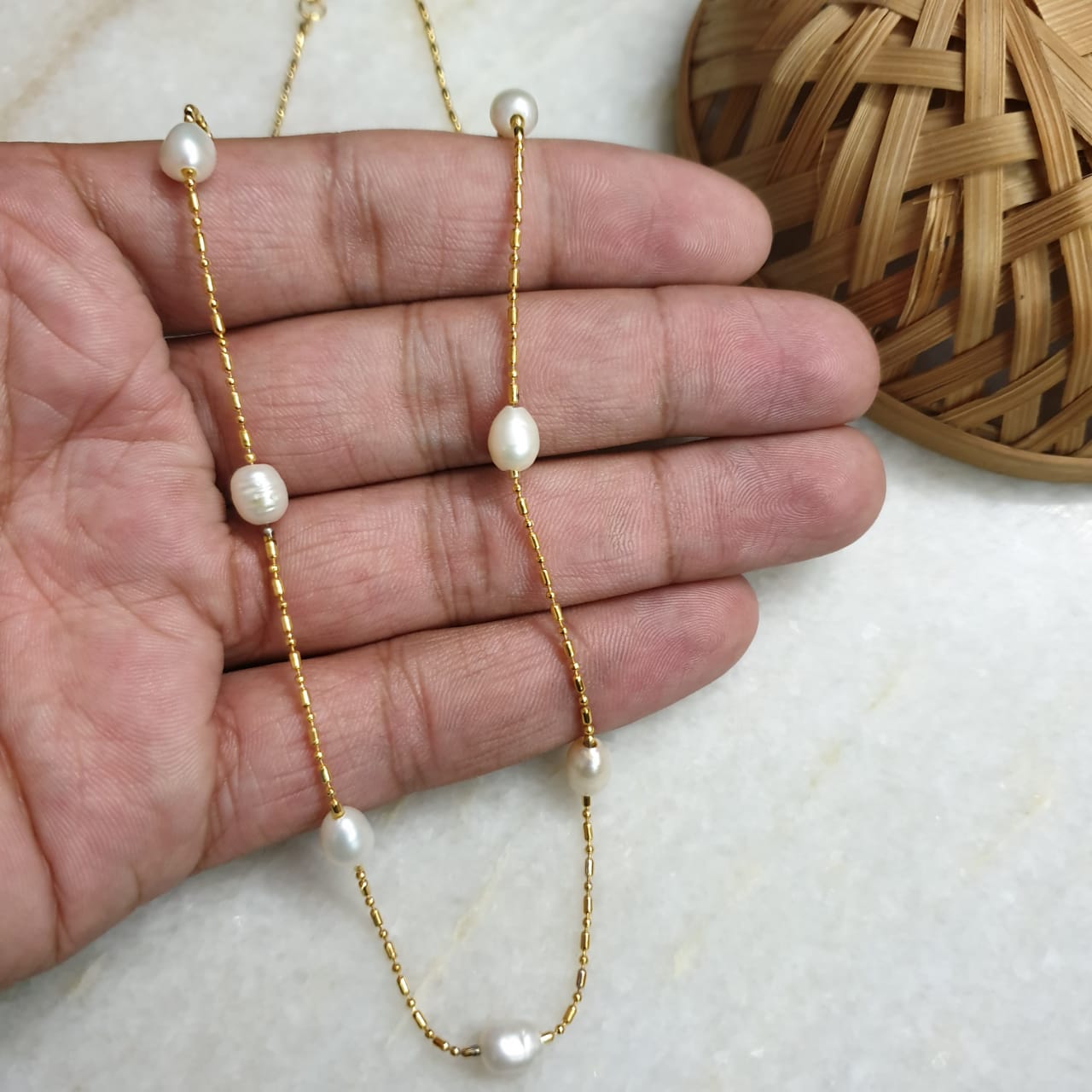 Gold Tone Baroque Pearl Beaded Necklace