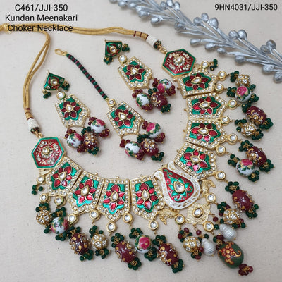 Kundan Meenakari Designer Necklace With Earrings and Maang Tikka