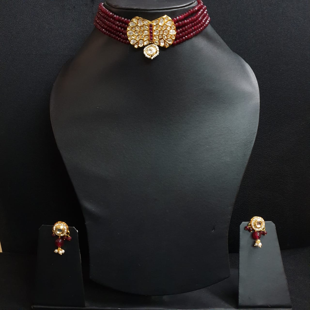 Ruby Stone Beads Kundan Choker Necklace With Earrings