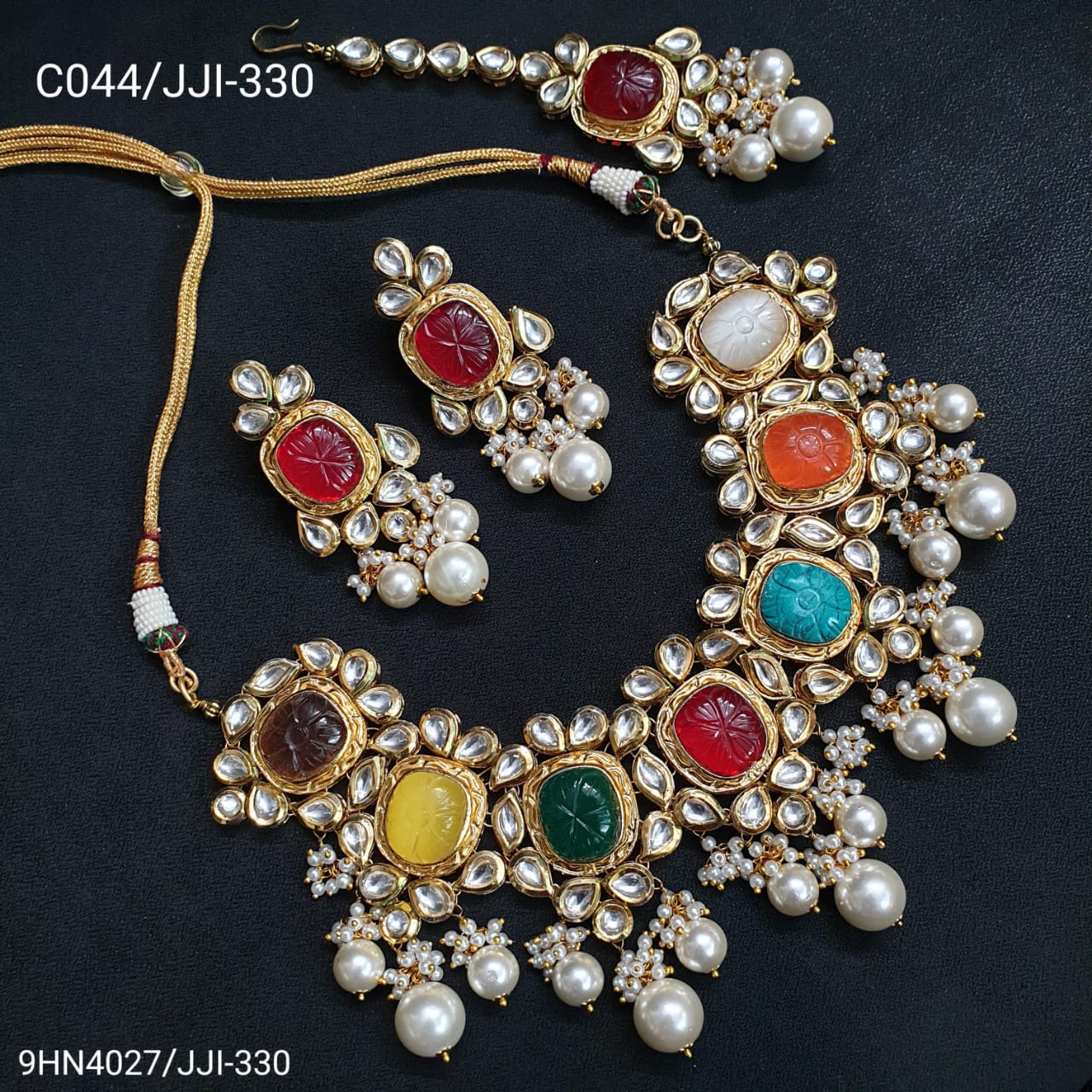 Navratana Stone Kundan Necklace Set With Earrings and Maang Tikka