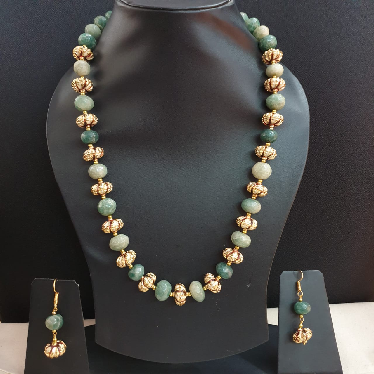 Emerald Green Onyx Meenakari Bead Necklace With Earrings
