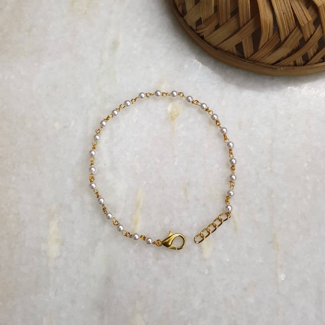 Gold Tone Small Pearl Beaded Adjustable Bracelet